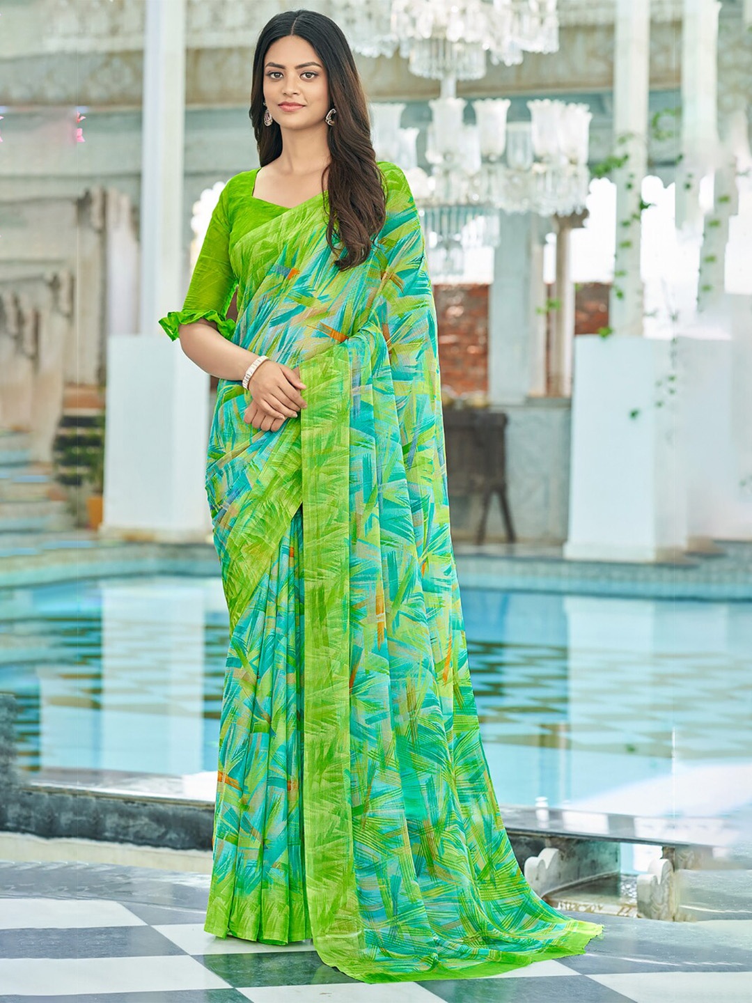 

Reboot Fashions Printed Chiffon Maheshwari Saree, Green