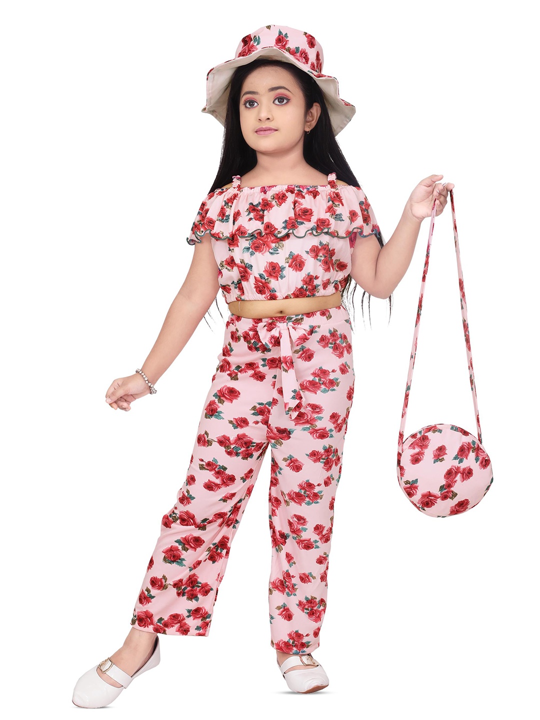 

BAESD Girls Floral Printed Shoulder Straps Pure Cotton Top & Trousers, Red