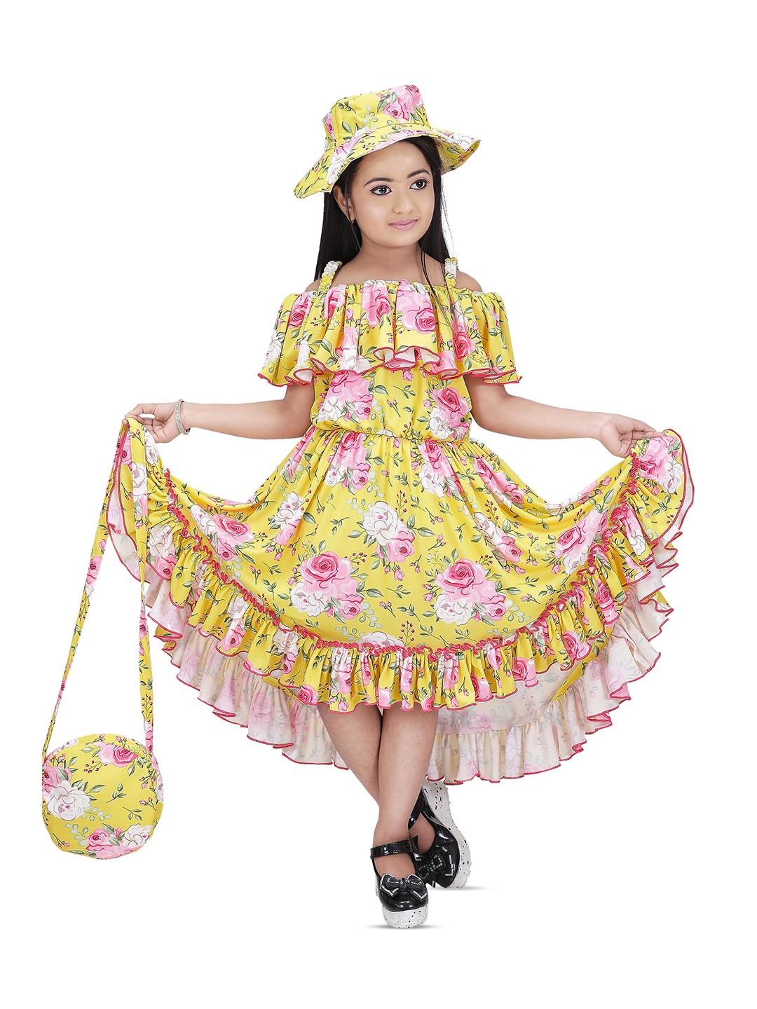

BAESD Yellow Floral Print Flared Sleeve Fit & Flare Midi Dress