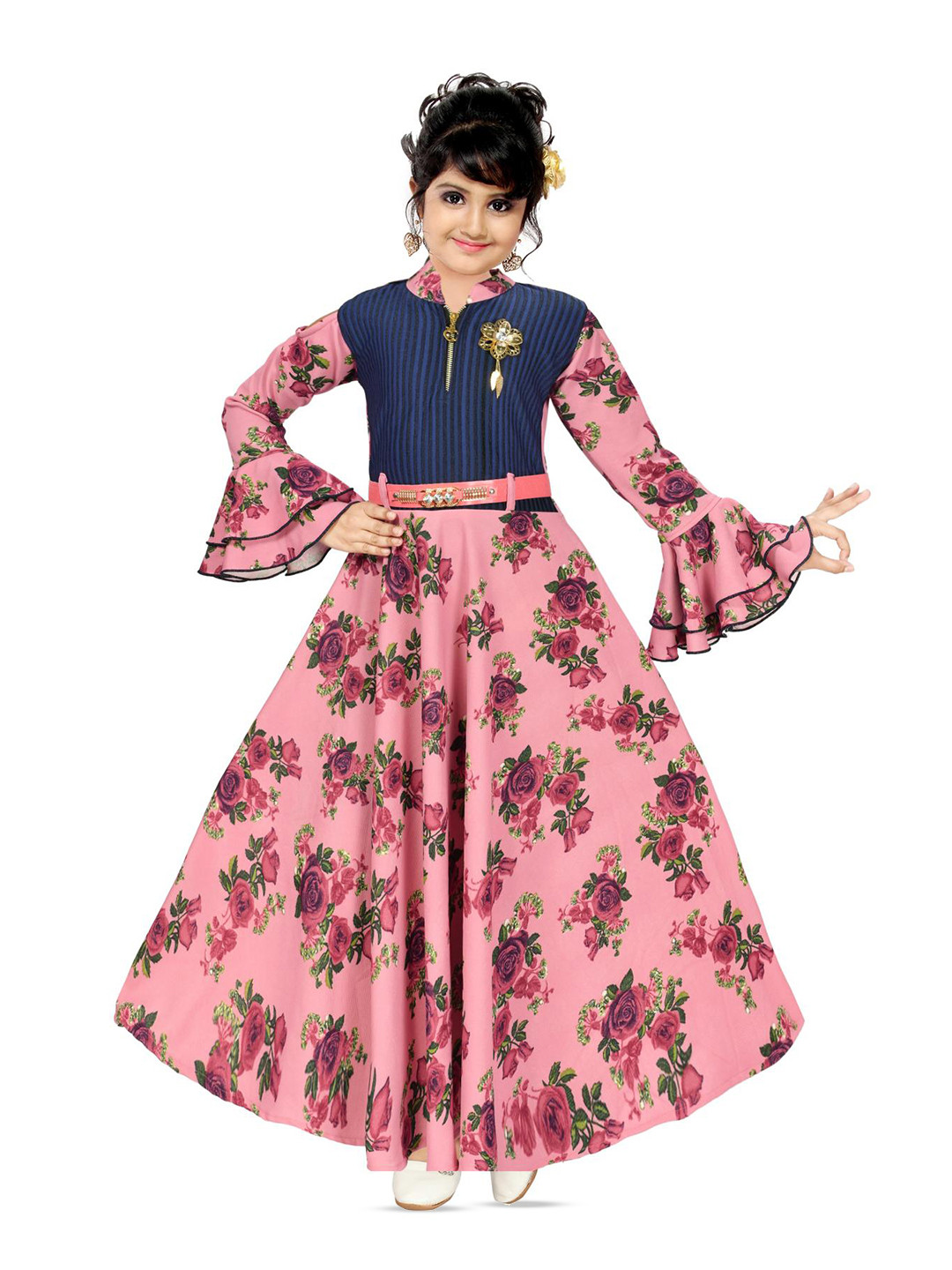 

BAESD Girls Floral Printed Bell Sleeves Maxi Dress, Pink