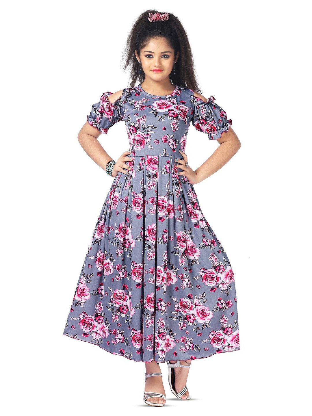 

BAESD Girls Floral Printed Cold-Shoulder Fit & Flare Cotton Maxi Dress, Grey