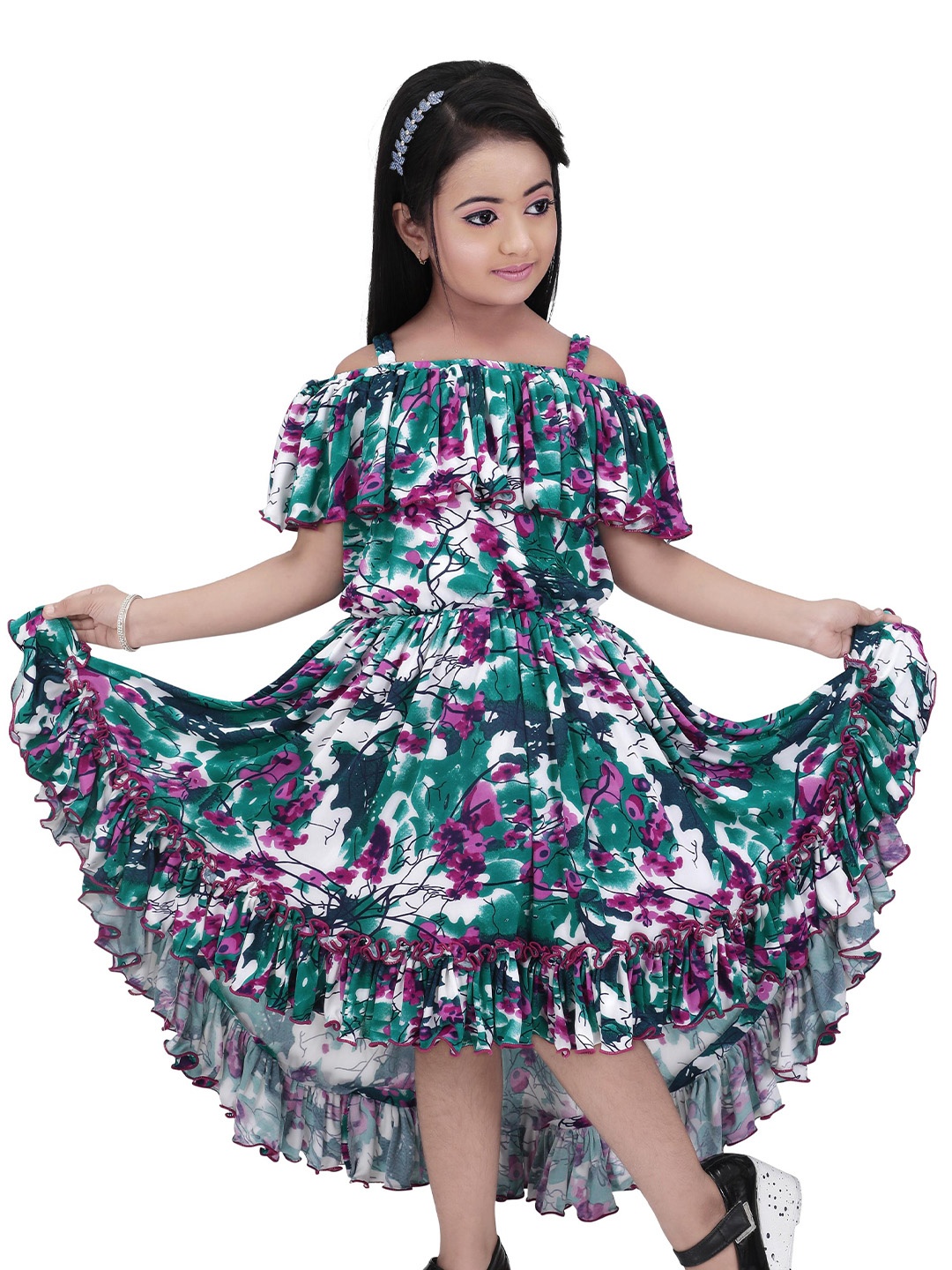 

BAESD Multicoloured Print Off-Shoulder Flutter Sleeve Fit & Flare Dress, Multi