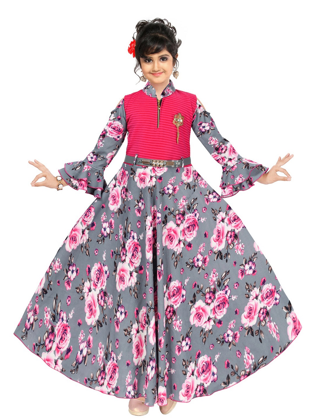 

BAESD Girls Floral Printed Bell Sleeve Cotton Maxi Dress, Grey