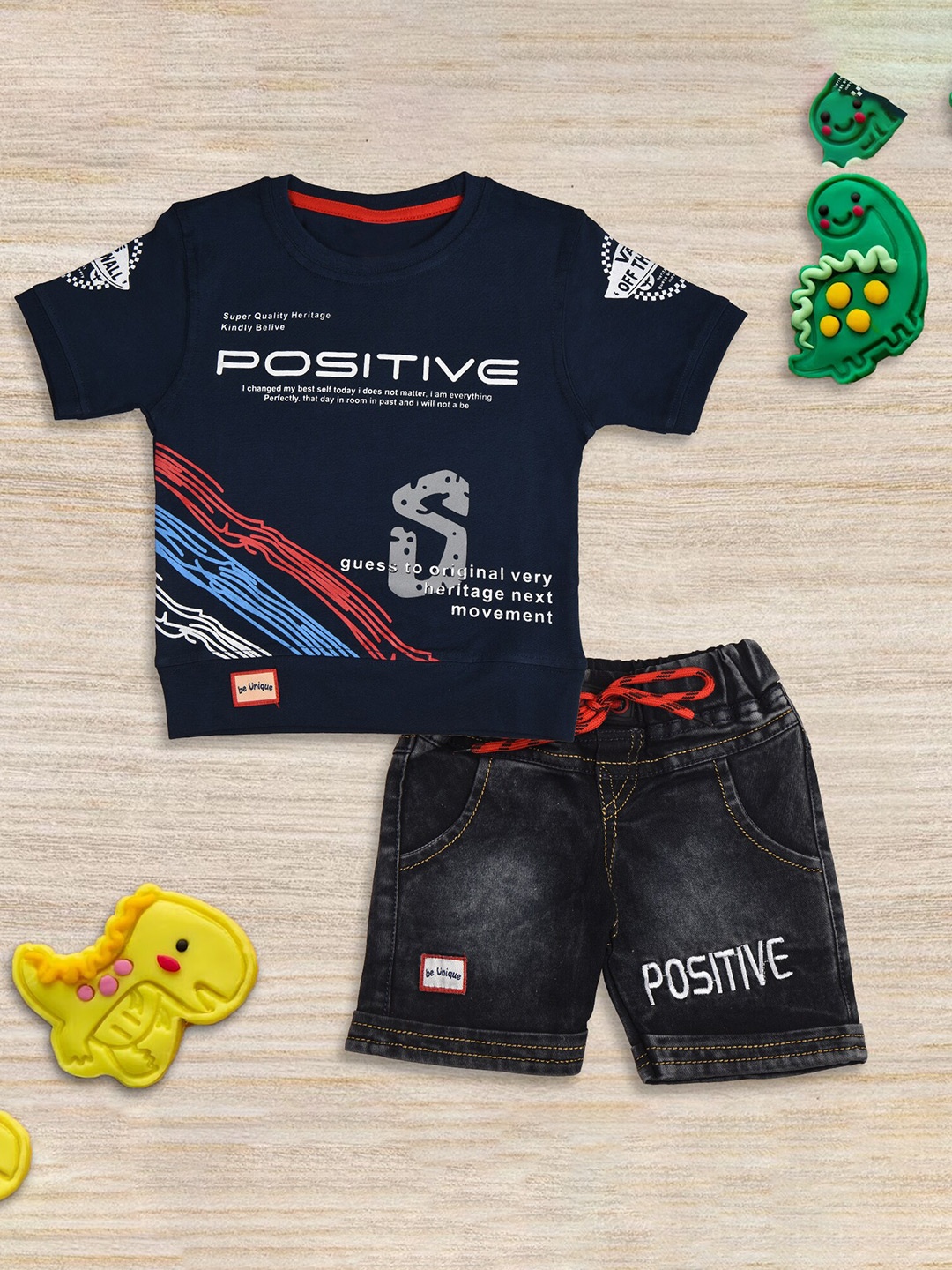 

BAESD Boys Typography Printed Pure Cotton T-shirt With Shorts, Navy blue