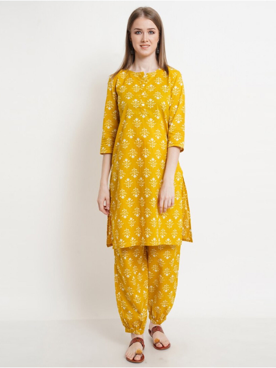 

COTLAND FASHION Floral Printed Regular Pure Cotton Kurta With Salwar, Yellow