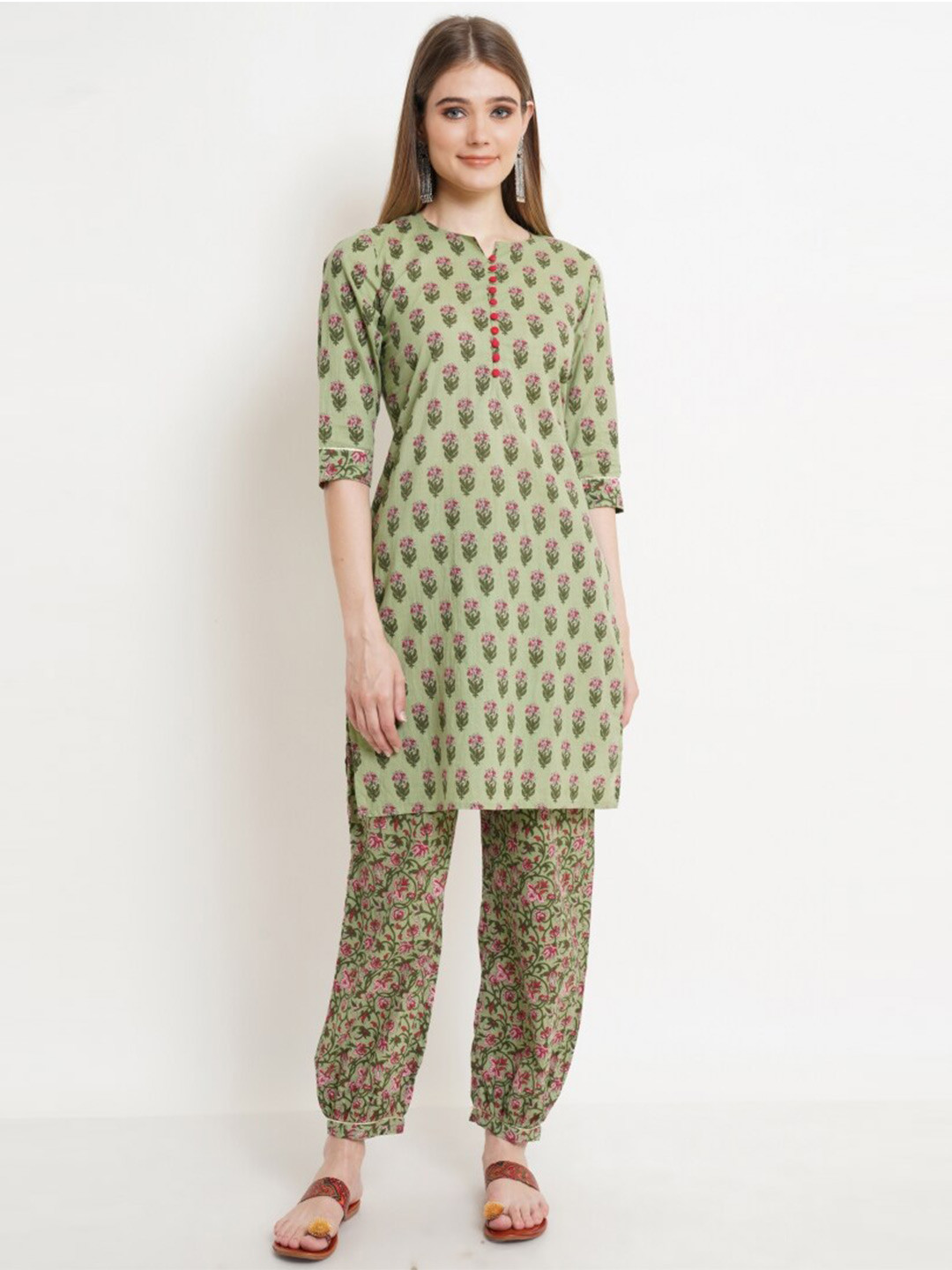 

COTLAND FASHION Floral Printed Gotta Patti Pure Cotton Kurta With Salwar, Green