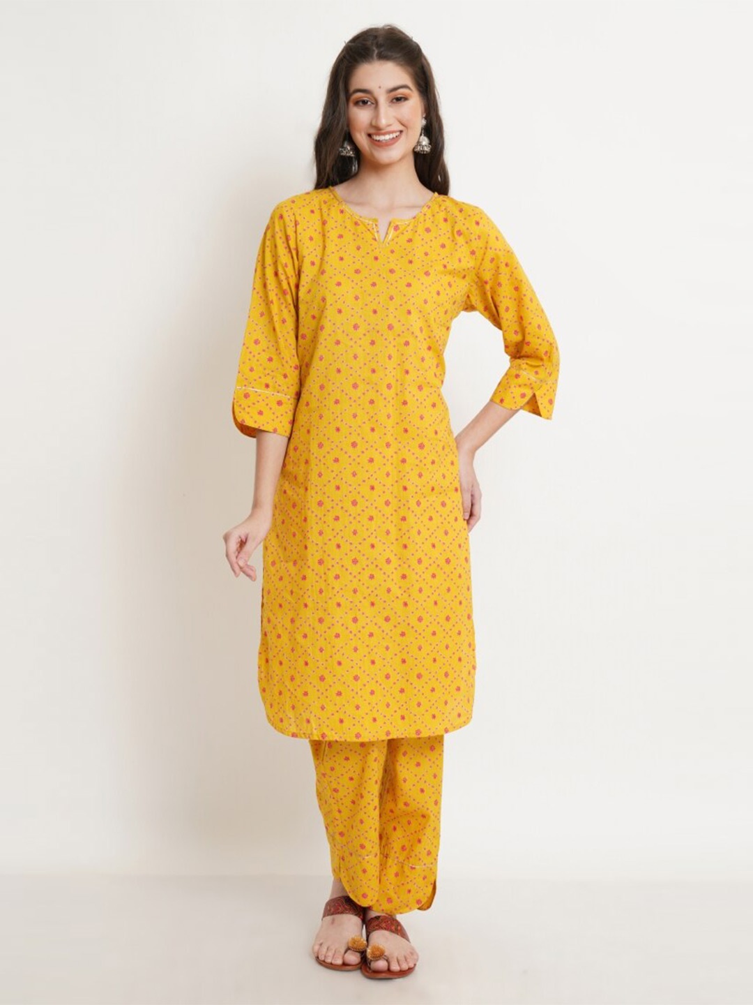 

COTLAND FASHION Floral Printed Regular Pure Cotton Kurta With Trouser, Yellow