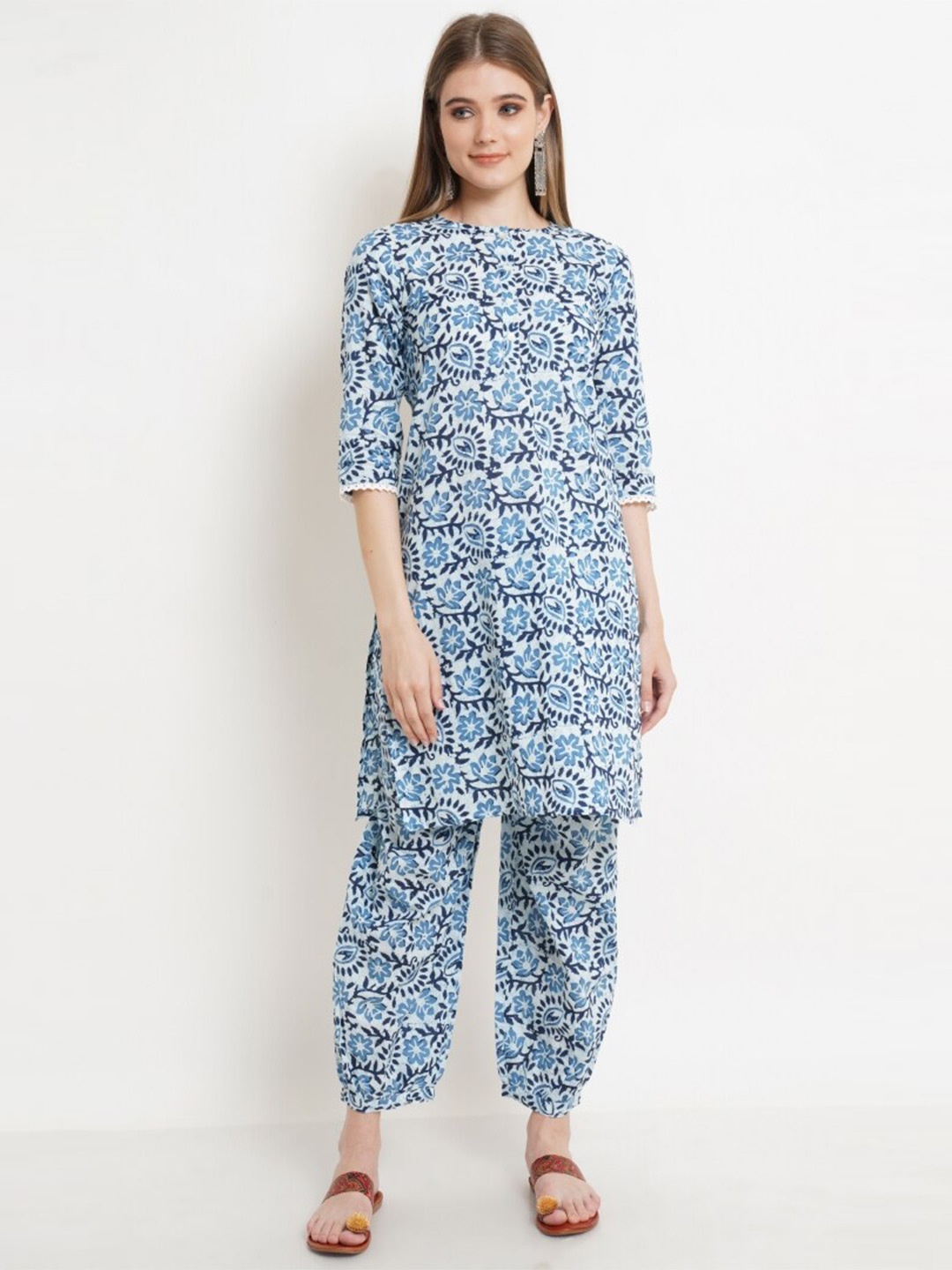 

KALINI Floral Printed Pure Cotton Kurta With Salwar, Blue
