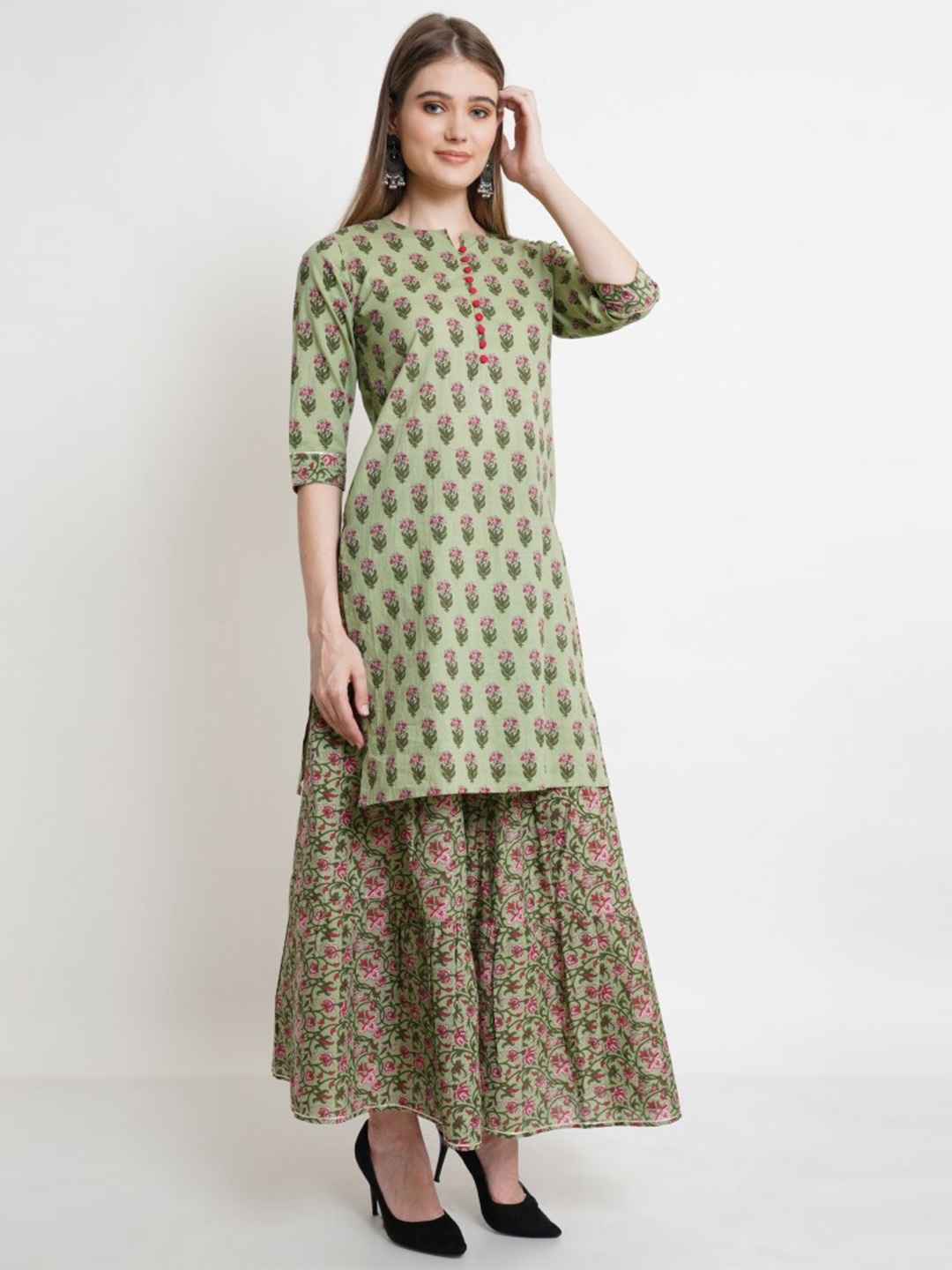 

KALINI Floral Printed Pure Cotton Kurta With Skirt, Green