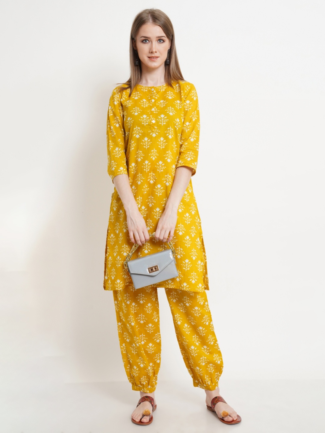 

KALINI Floral Printed Pure Cotton Kurta With Salwar, Yellow