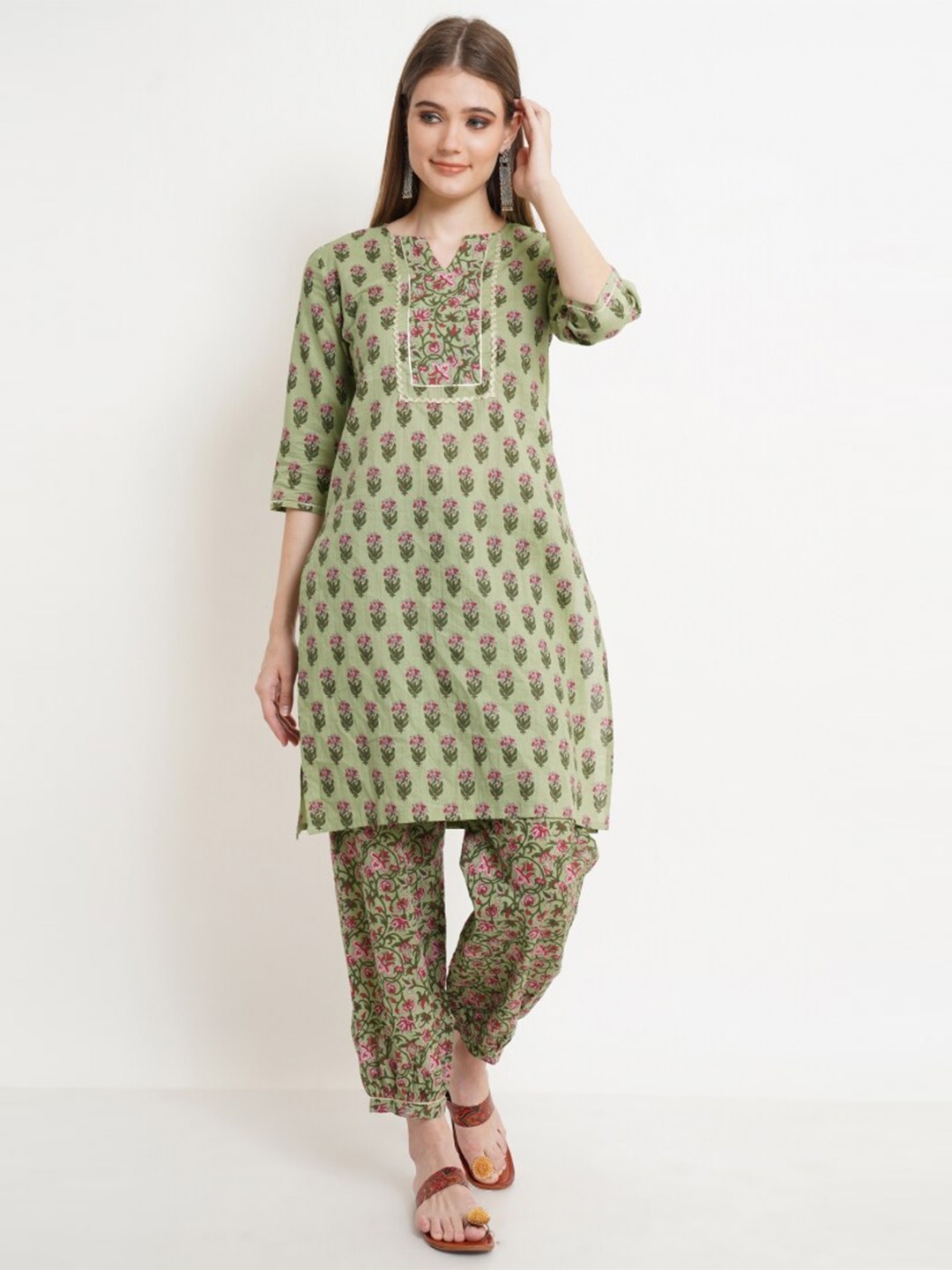 

KALINI Floral Printed Notched Neck Pure Cotton Kurta with Salwar, Green