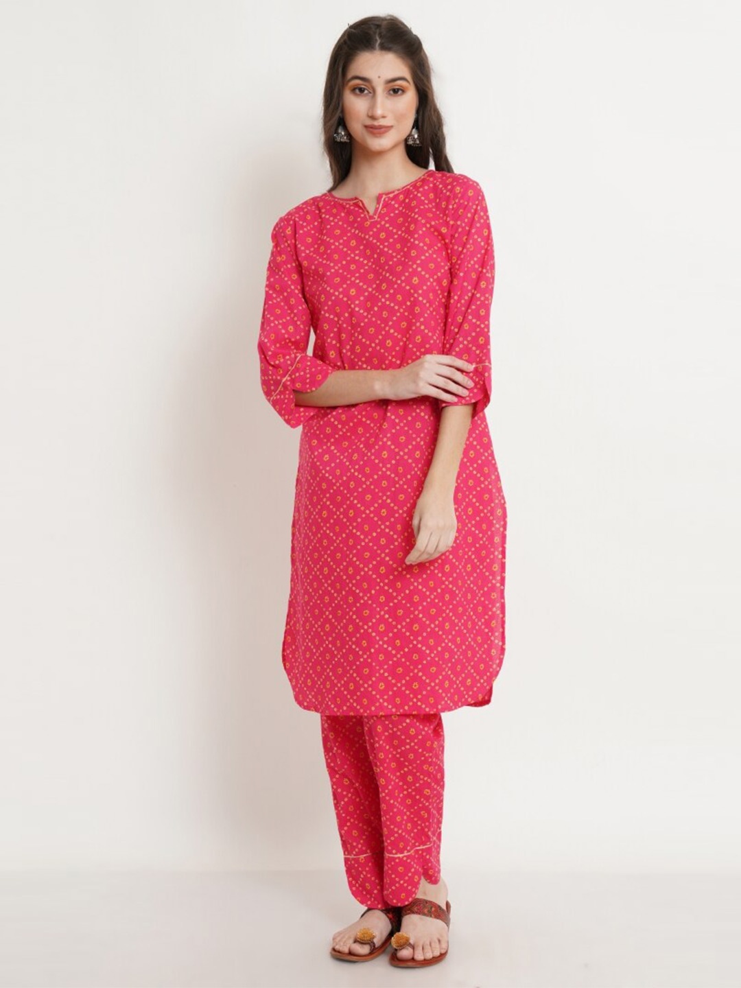

KALINI Ethni Motifs Printed Pure Cotton Straight Kurta with Trousers, Pink