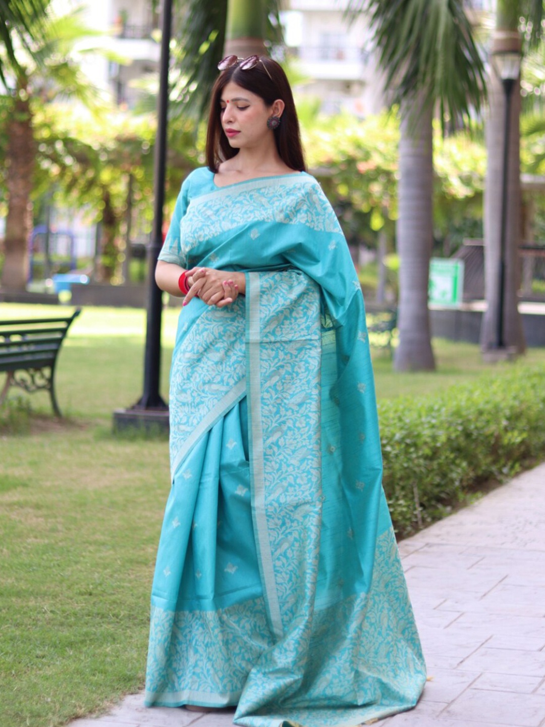 

NK Textiles Blue & Silver-Toned Woven Design Bhagalpuri Saree