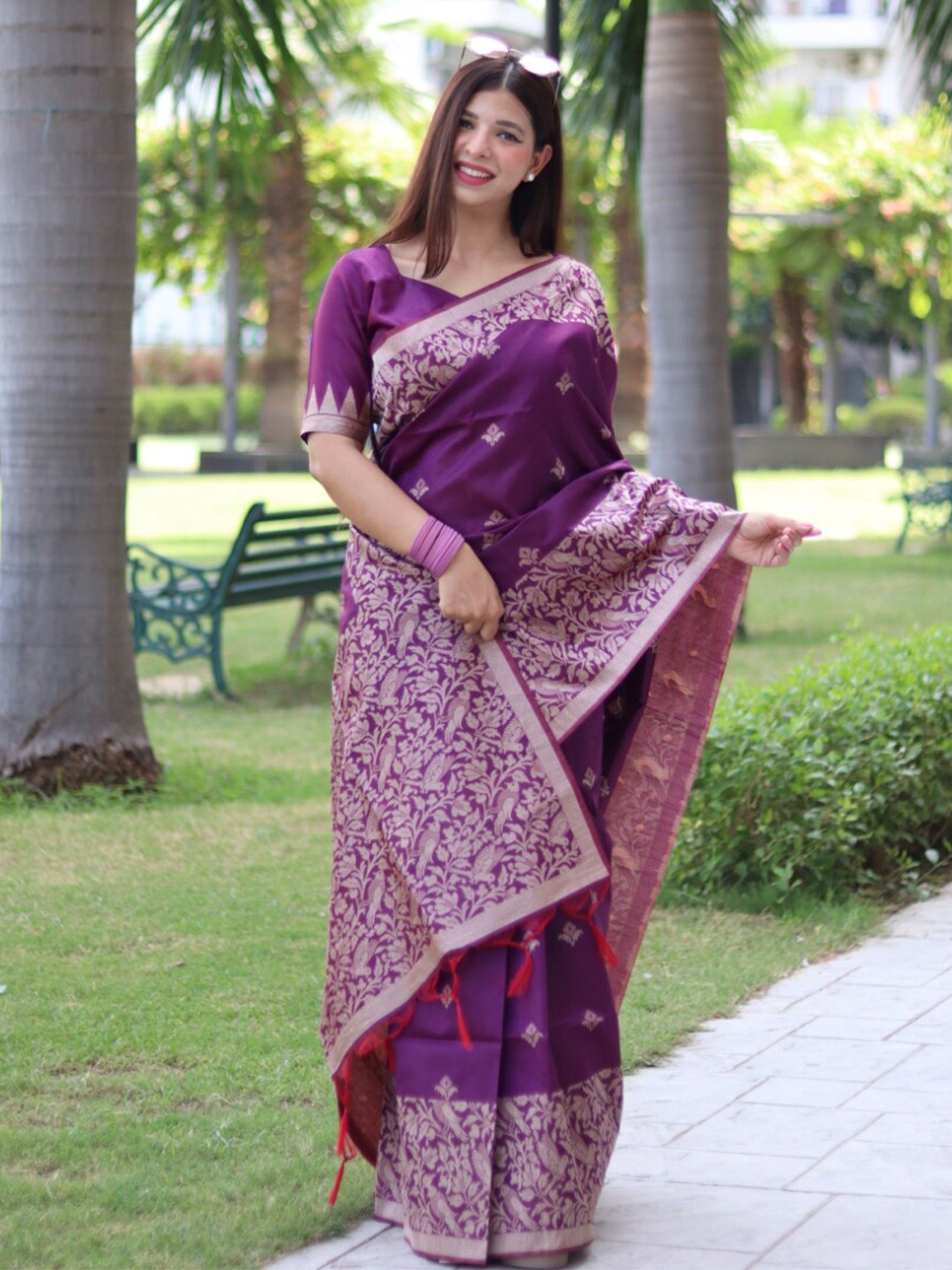 

NK Textiles Purple & Gold-Toned Woven Design Zari Bhagalpuri Saree