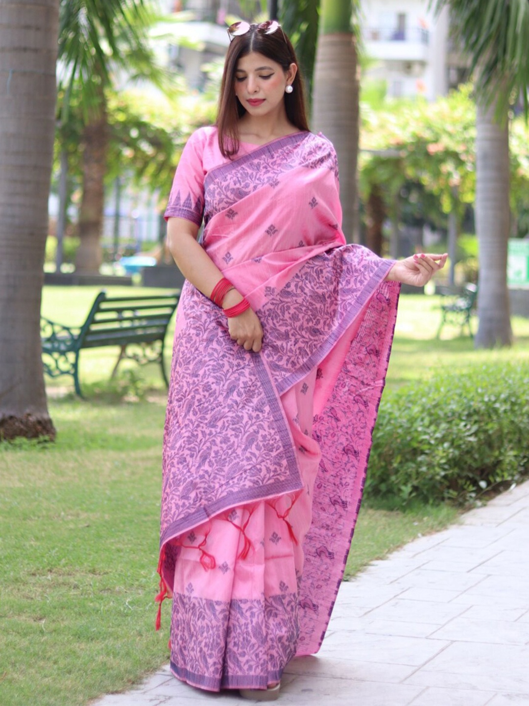 

NK Textiles Peach & Blue Floral Woven Design Bhagalpuri Saree