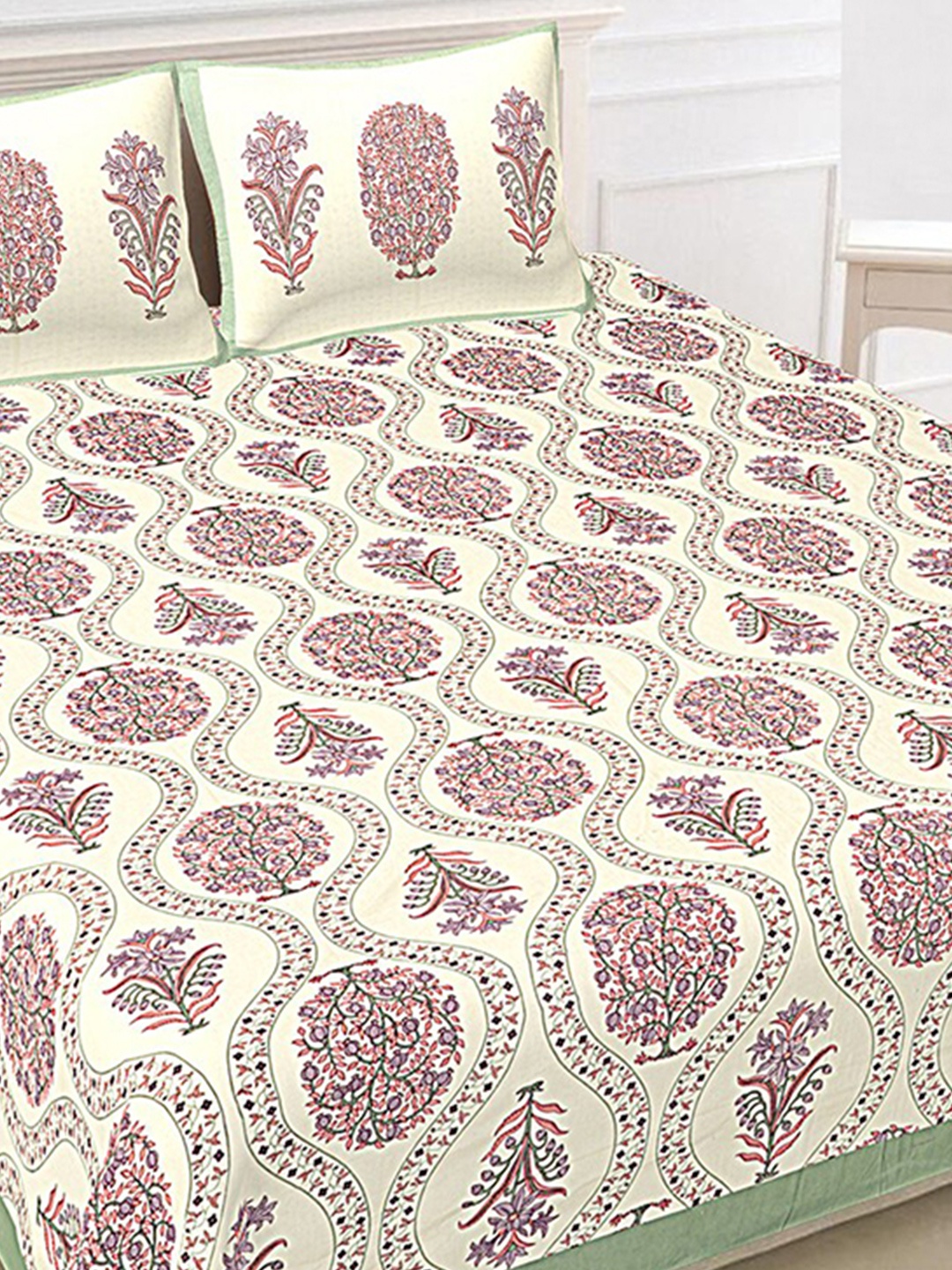 

SHOOLIN Cream & Green Ethnic Motifs 144 TC King Bedsheet with 2 Pillow Covers
