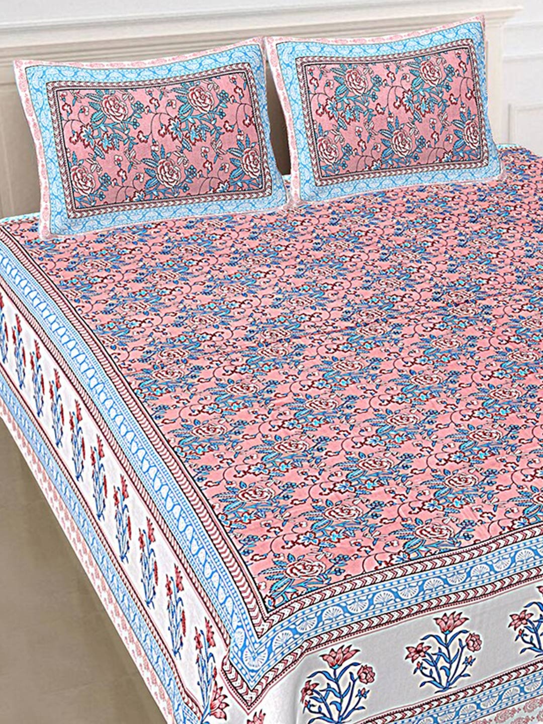 

SHOOLIN Pink & Blue Floral 144 TC King Bedsheet with 2 Pillow Covers