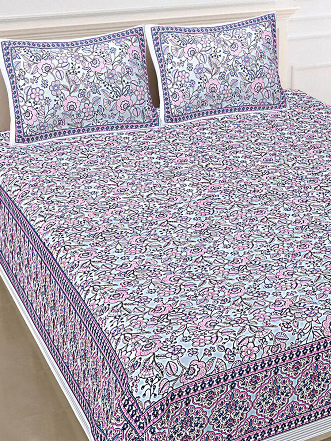 

SHOOLIN Blue & Pink Floral 144 TC King Bedsheet with 2 Pillow Covers