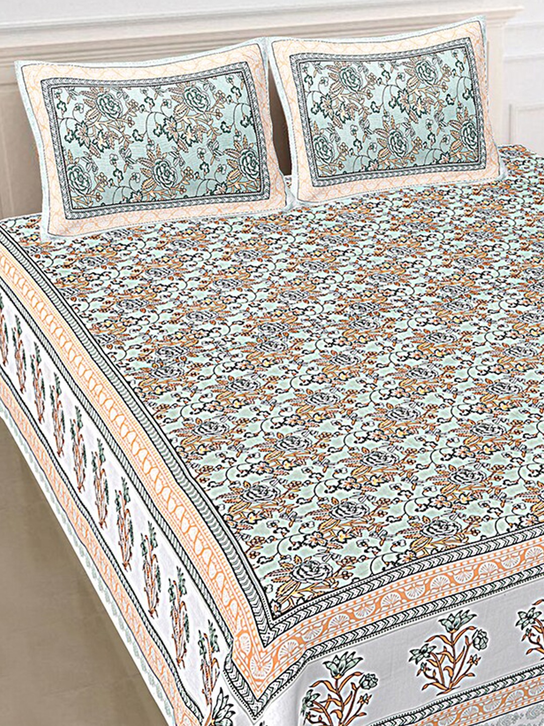 

SHOOLIN Green & Pink Floral 144 TC King Bedsheet with 2 Pillow Covers