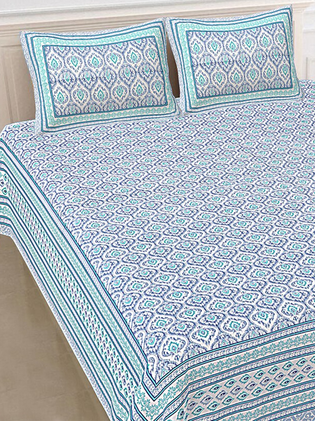 

SHOOLIN White & Blue Ethnic Motifs 144 TC King Bedsheet with 2 Pillow Covers