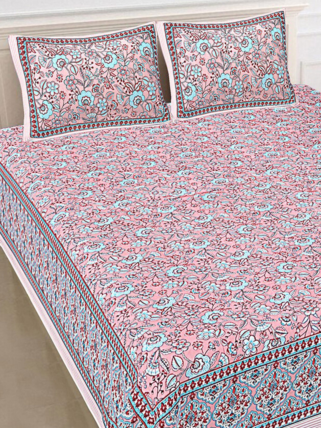 

SHOOLIN Pink & Blue Floral Printed 144 TC Cotton King Bedsheet with 2 Pillow Covers