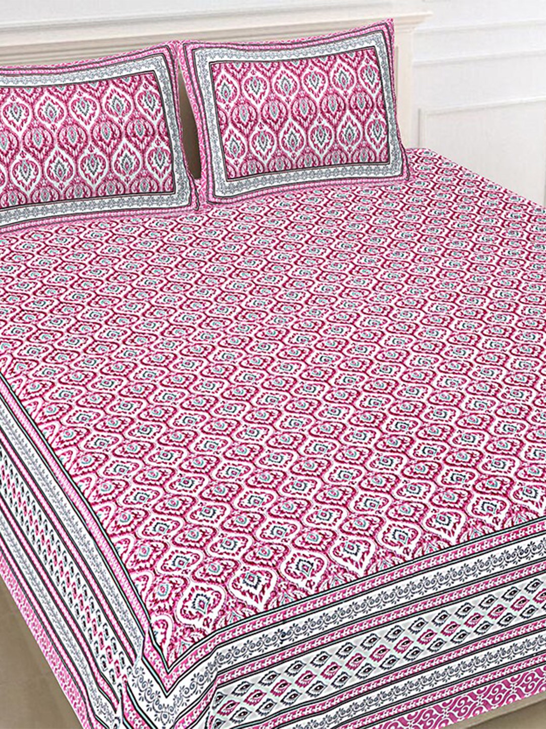 

SHOOLIN White Ethnic Motifs Printed 144 TC Cotton King Bedsheet with 2 Pillow Covers