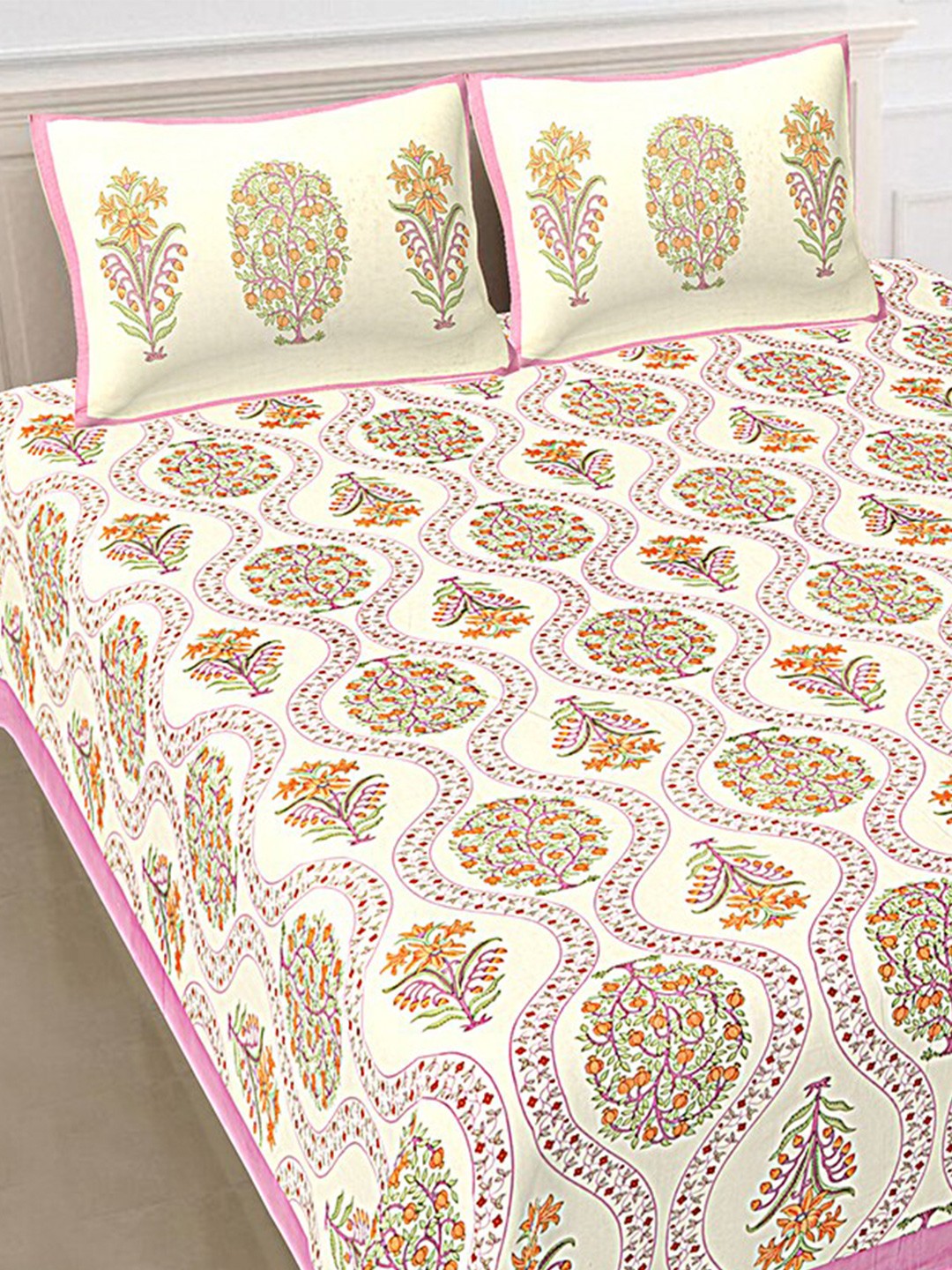 

SHOOLIN White & Pink Floral Printed 144 TC King Cotton Bedsheet with 2 Pillow Covers