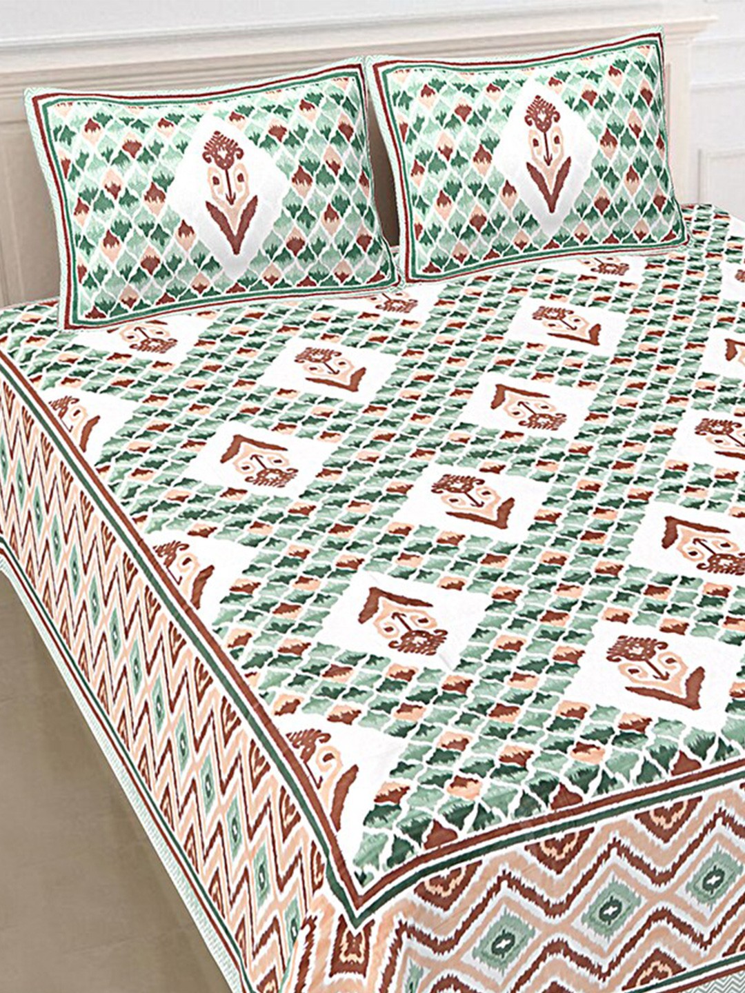 

SHOOLIN Green Ethnic Motifs Printed 144 TC King Cotton Bedsheet with 2 Pillow Covers