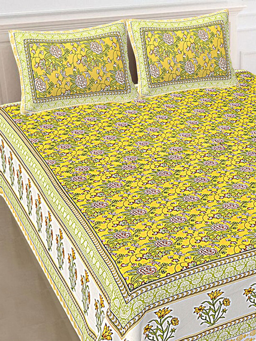 

SHOOLIN Yellow & Green Floral Printed 144 TC King Cotton Bedsheet with 2 Pillow Covers