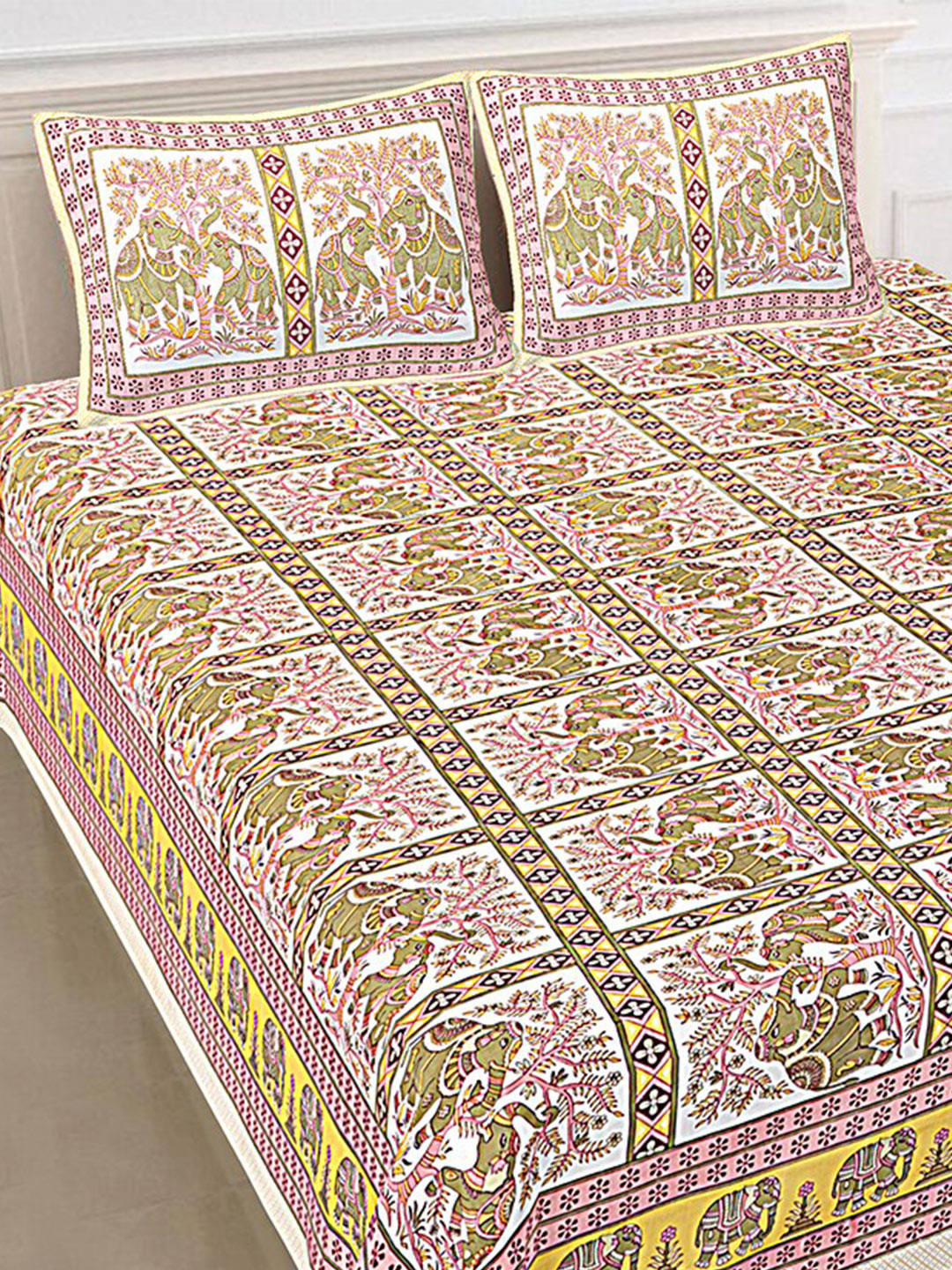 

SHOOLIN Yellow Ethnic Motifs Printed 144 TC King Cotton Bedsheet with 2 Pillow Covers