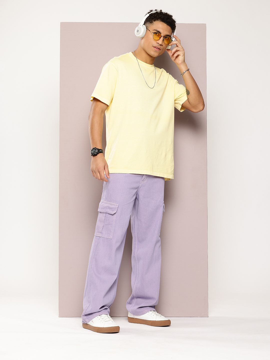 

Kook N Keech Men Pure Cotton Wide Leg Cargo Jeans, Lavender