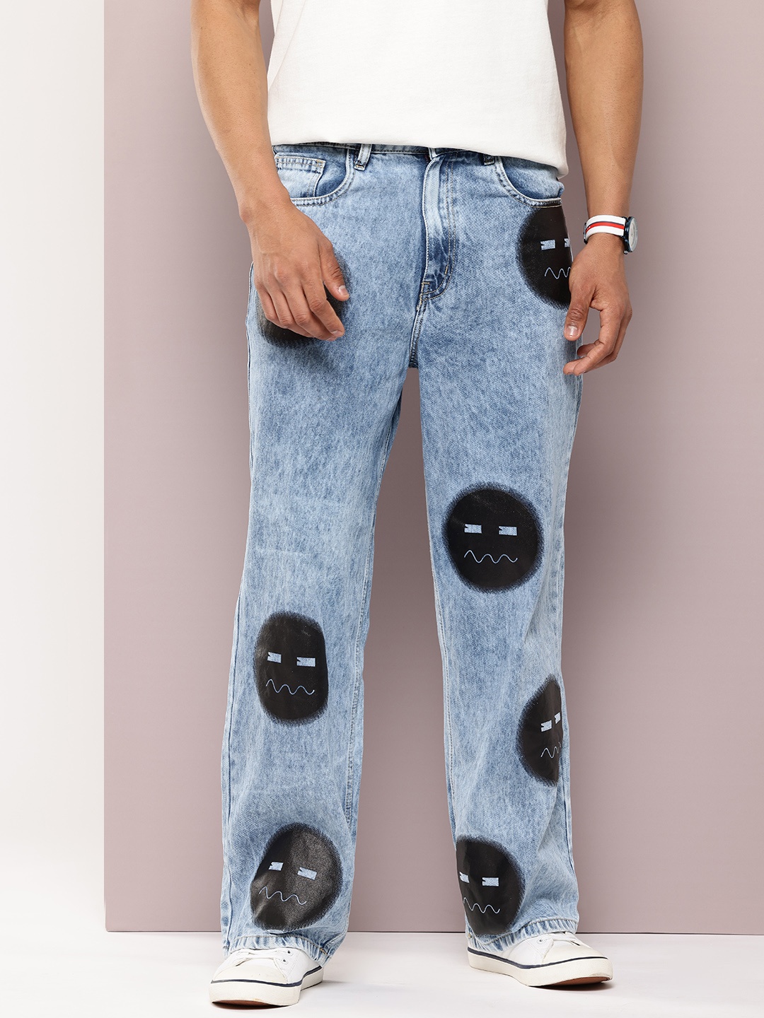 

Kook N Keech Emoji Printed Relaxed Fit Acid Was Pure Cotton Non-Stretchable Jeans, Blue