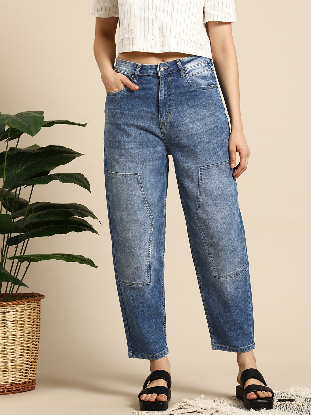 

Mast & Harbour Women Light Fade Baggy Fit Stretchable Jeans, Blue