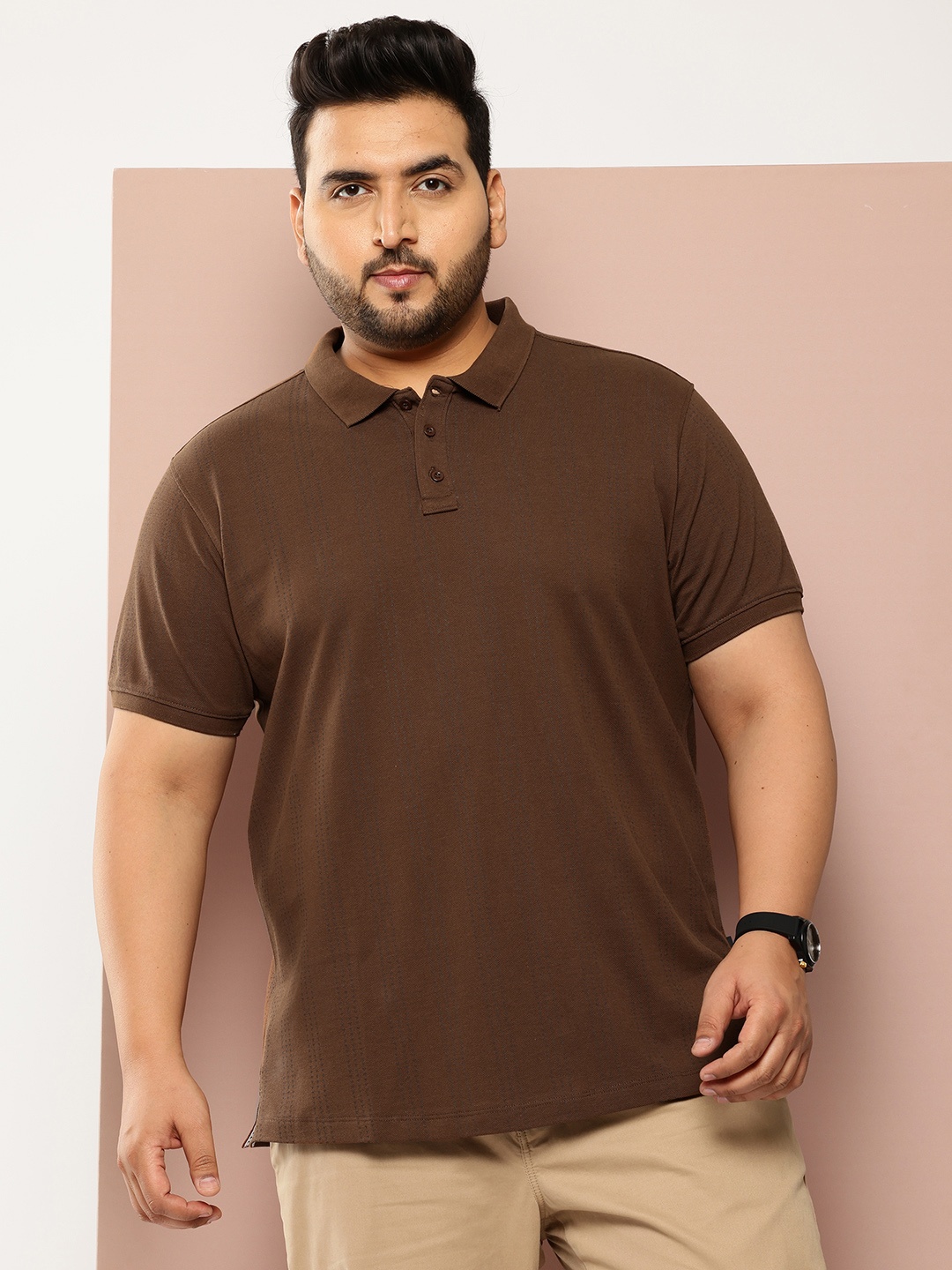 

Sztori Plus Size Printed Polo Collar Pure Cotton T-shirt, Brown