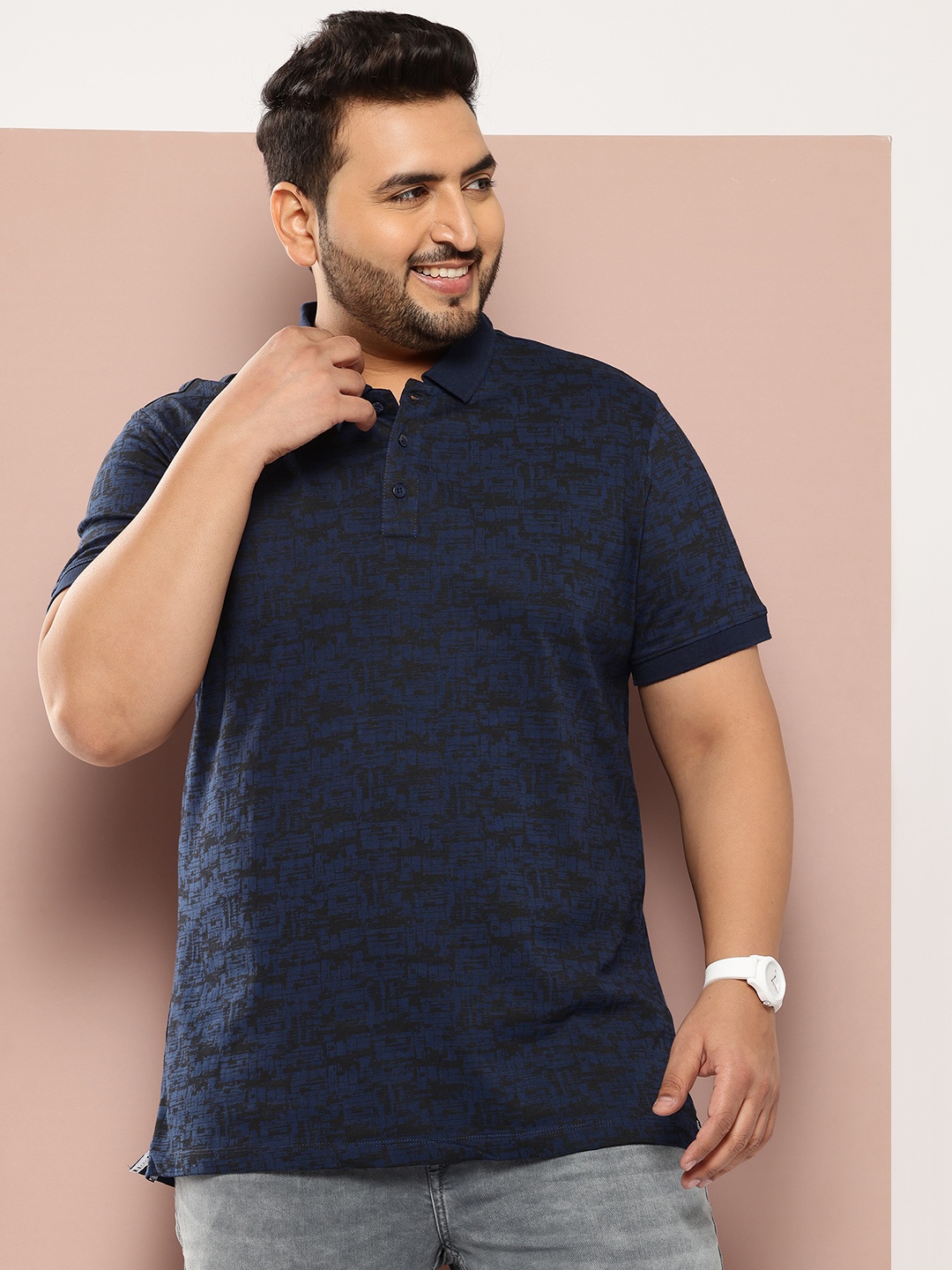 

Sztori Plus Size Printed Polo Collar Pure Cotton T-shirt, Navy blue