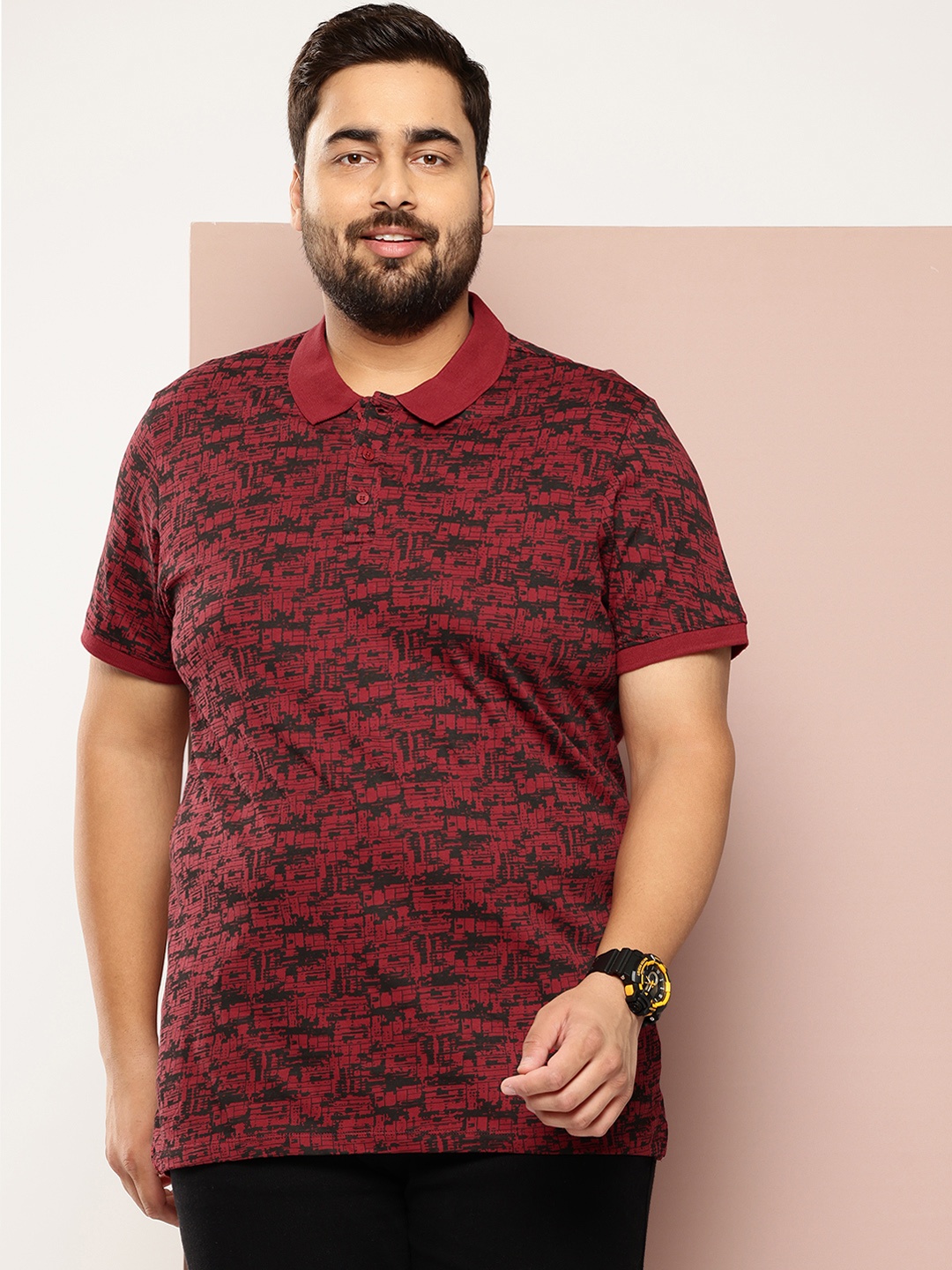 

Sztori Plus Size Printed Polo Collar Pure Cotton T-shirt, Maroon