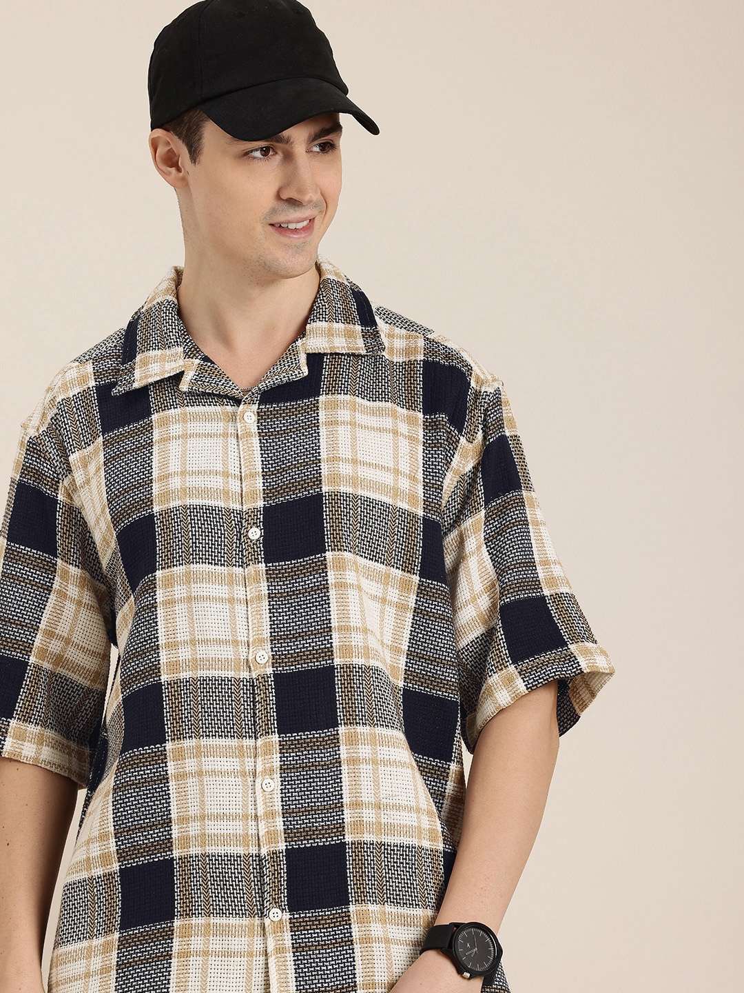 

HERE&NOW Knitted Checked Relaxed Fit Casual Shirt, Beige