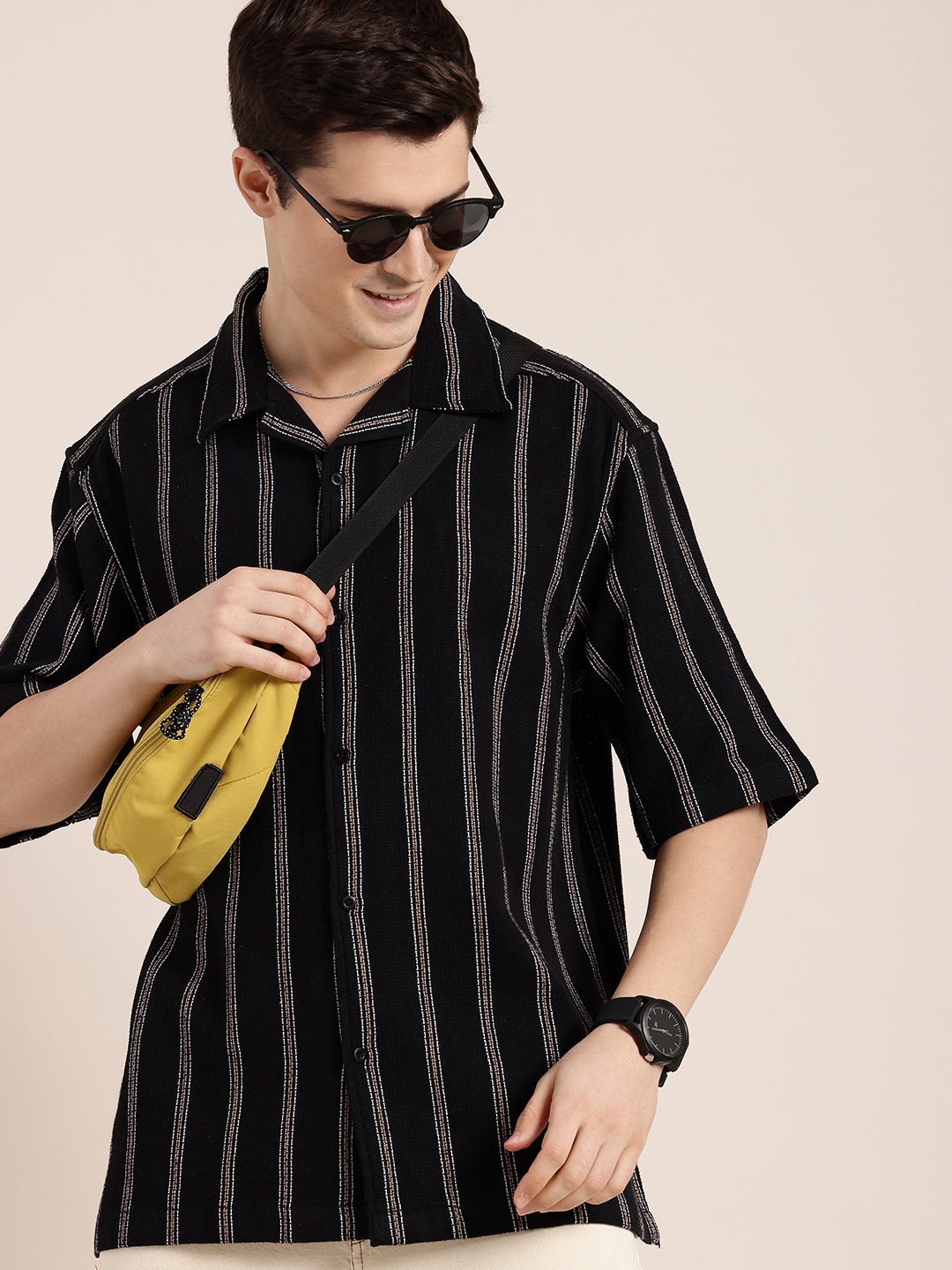 

HERE&NOW Vertical Stripes Self Design Relaxed Fit Knitted Casual Shirt, Black