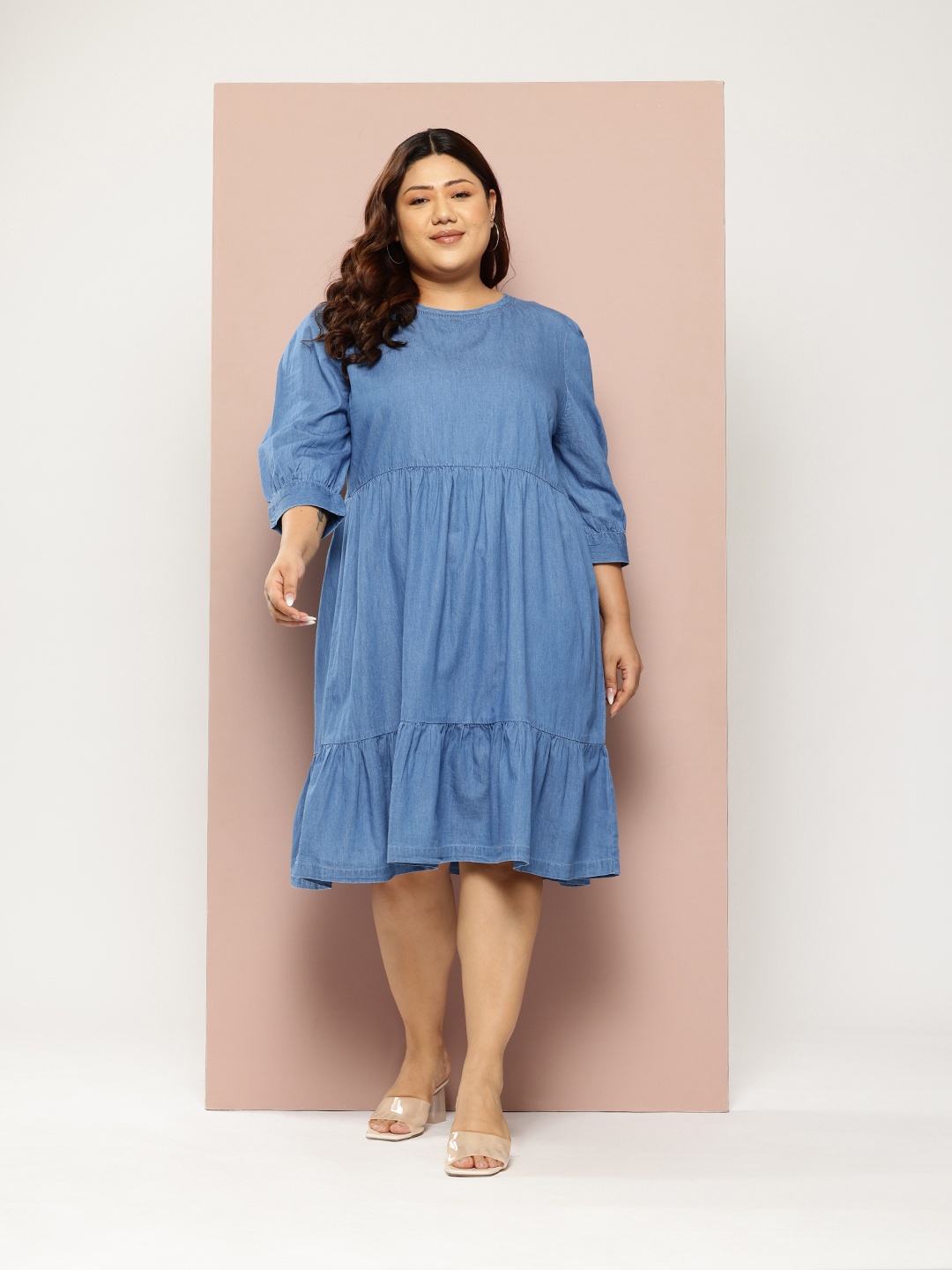 

Sztori Plus Size Pure Cotton Chambray Tiered Dress, Blue