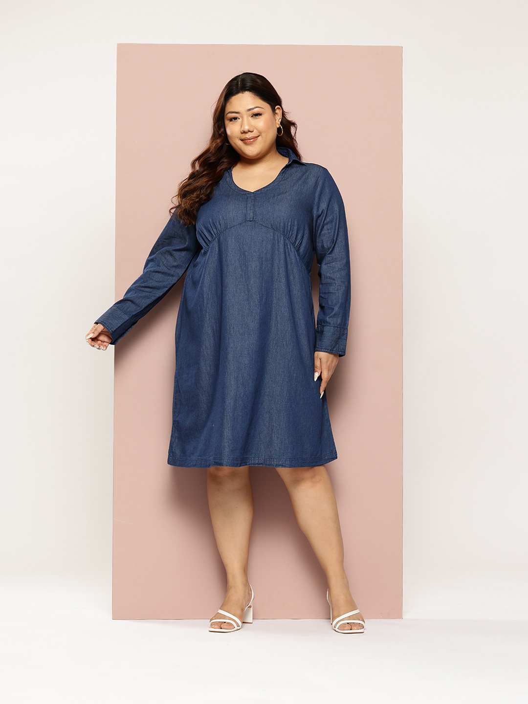 

Sztori Plus Size Pure Cotton Chambray Empire Dress, Blue