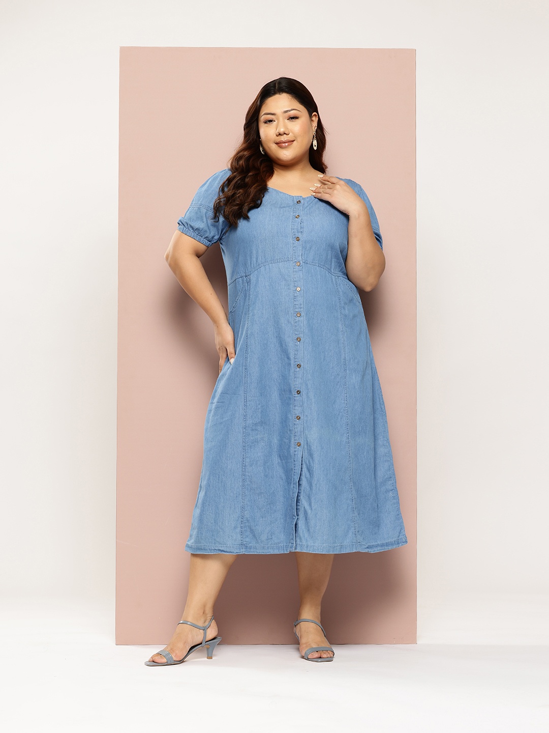 

Sztori Plus Size Pure Cotton Chambray Shirt-style Dress, Blue