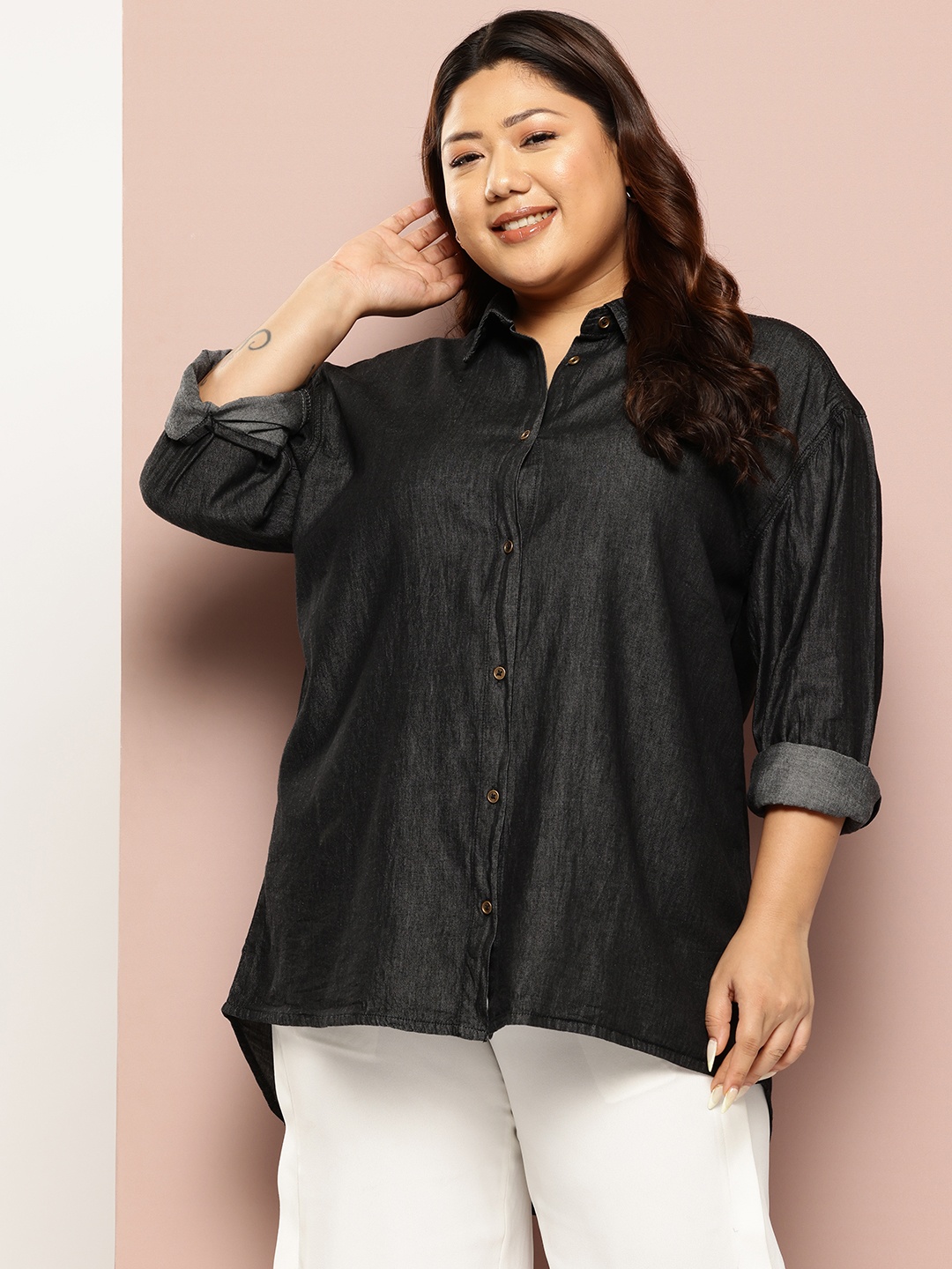 

Sztori Plus Size Opaque Denim Casual Shirt, Black
