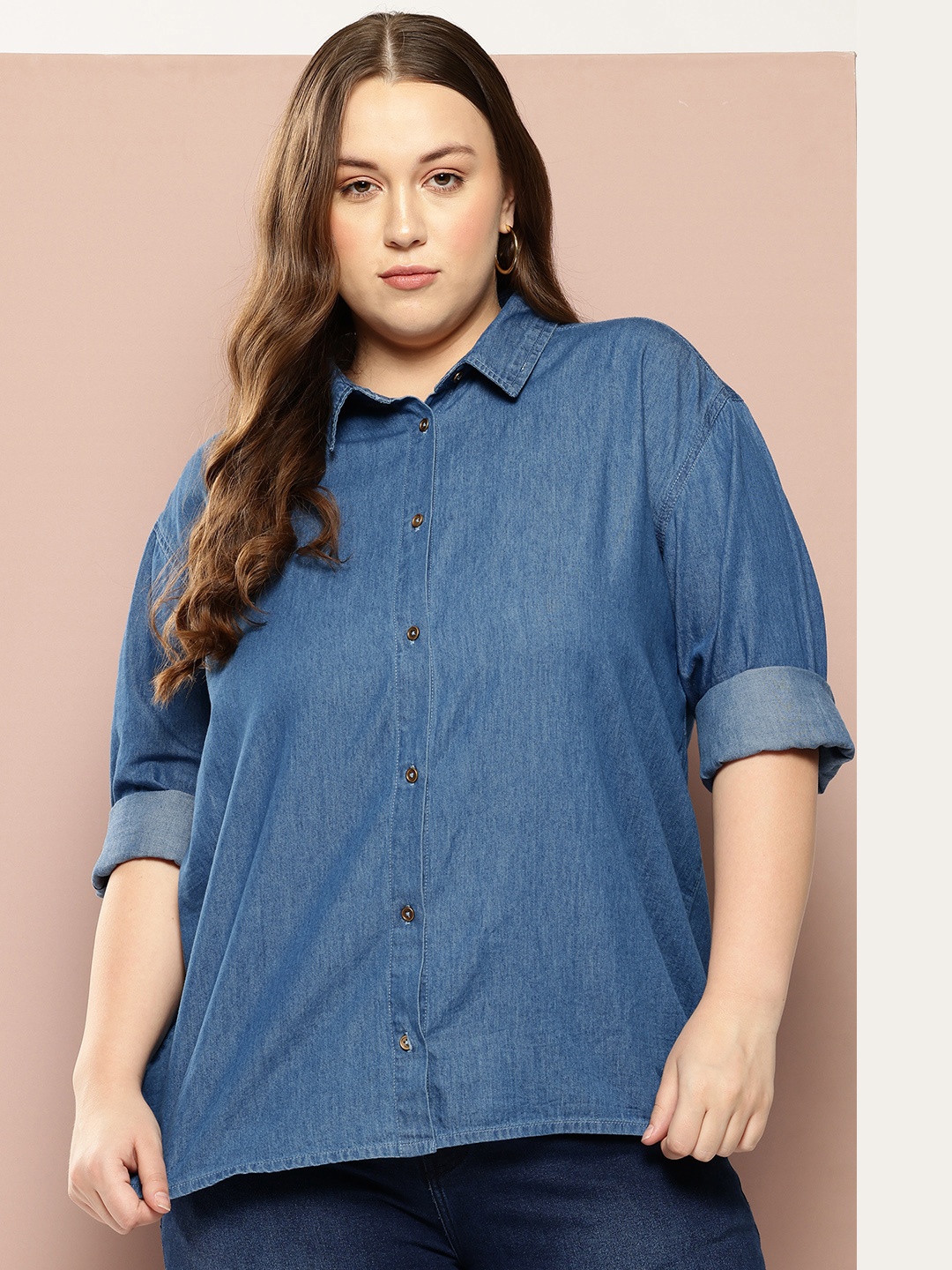 

Sztori Plus Size Pure Cotton High-Low Chambray Shirt, Blue