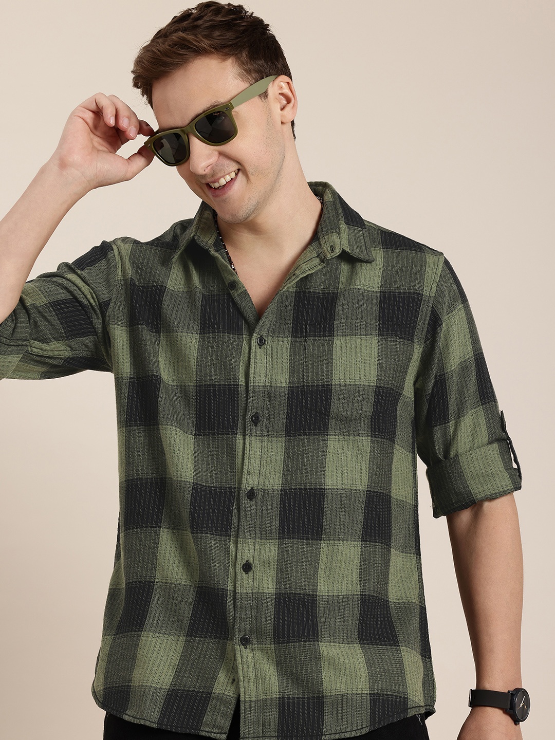 

HERE&NOW Opaque Checked Casual Shirt, Green