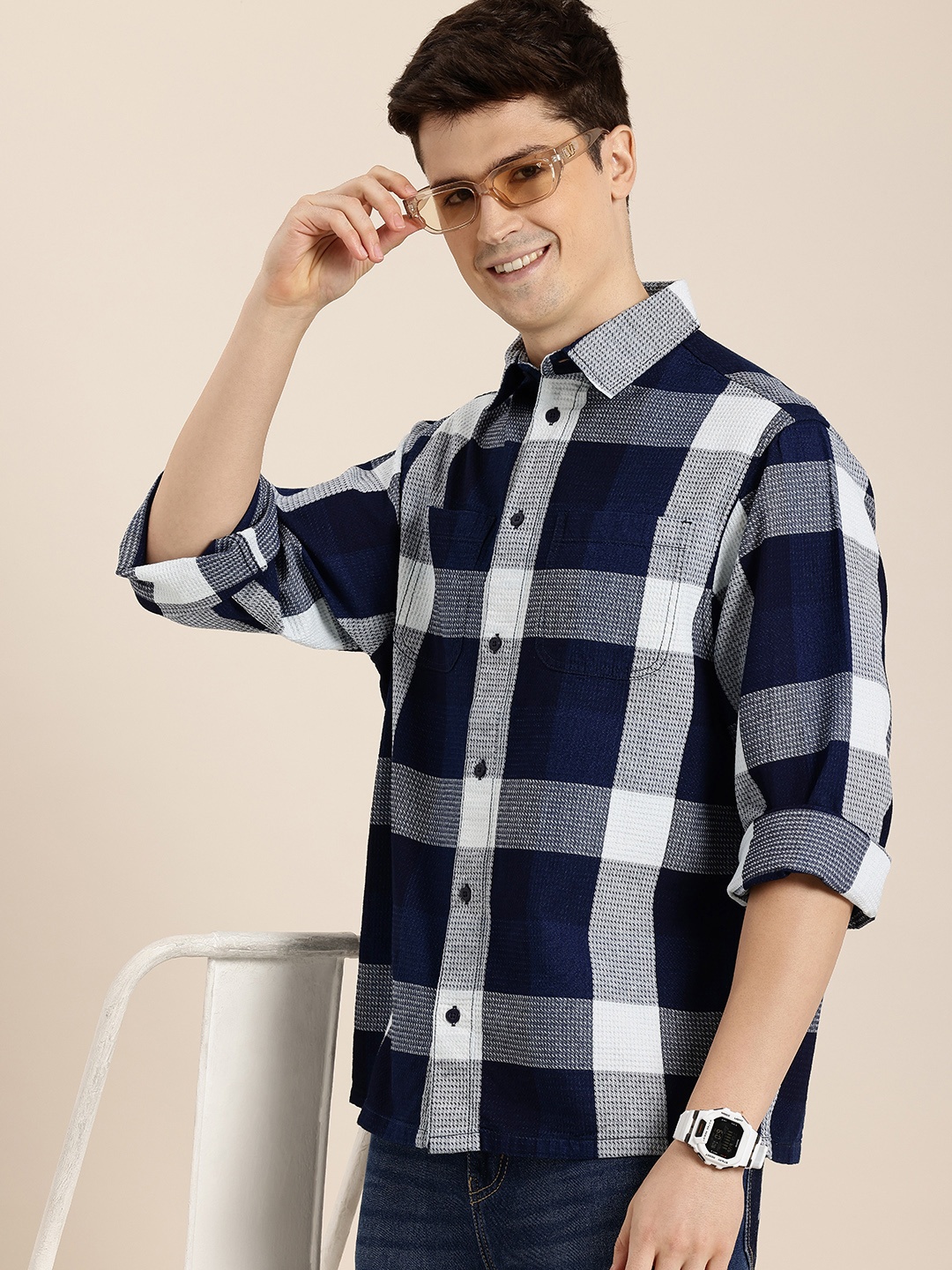 

HERE&NOW Pure Cotton Relaxed Fit Checked Casual Shirt, Navy blue