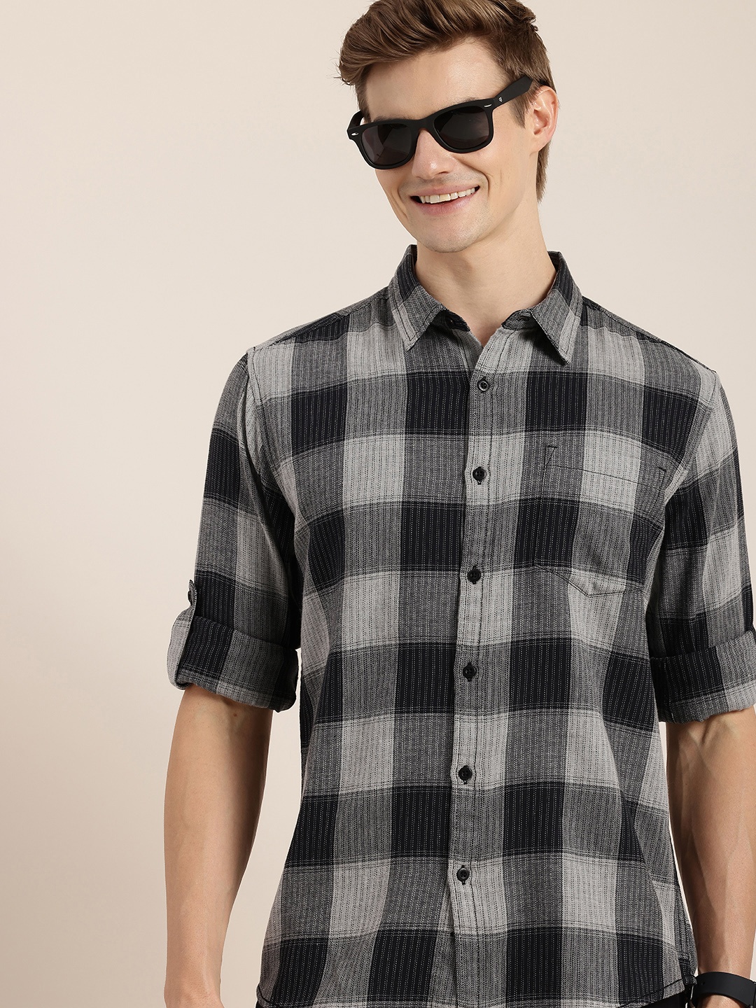 

HERE&NOW Slim Fit Opaque Checked Casual Shirt, Black