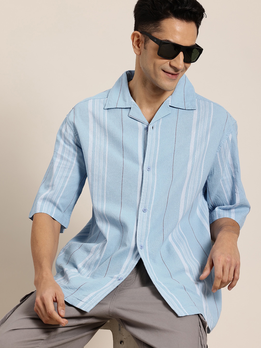 

HERE&NOW Men Relaxed Fit Opaque Striped Cotton Casual Shirt, Blue