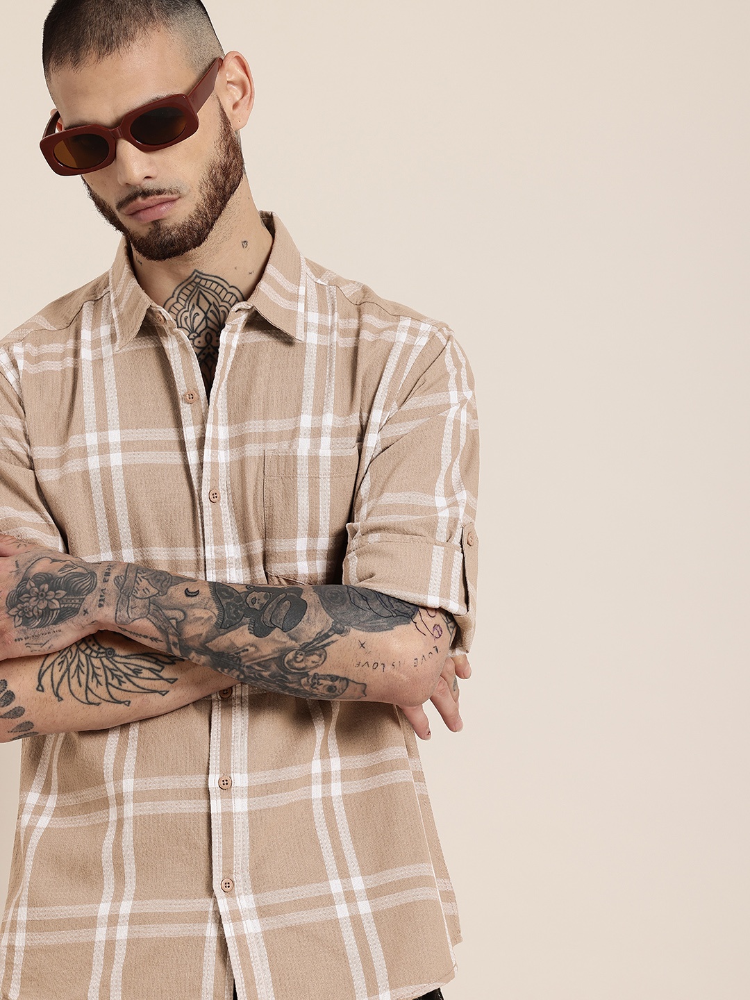 

HERE&NOW Slim Fit Checked Pure Cotton Casual Shirt, Beige