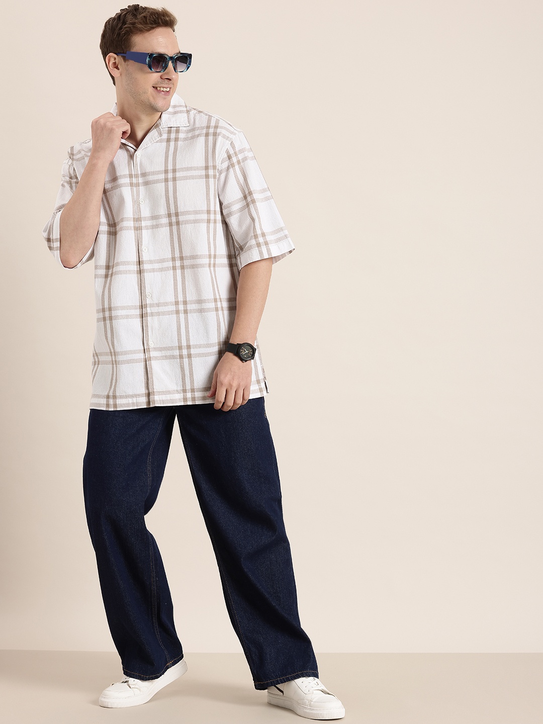 

HERE&NOW Pure Cotton Checked Relaxed Fit Casual Shirt, White