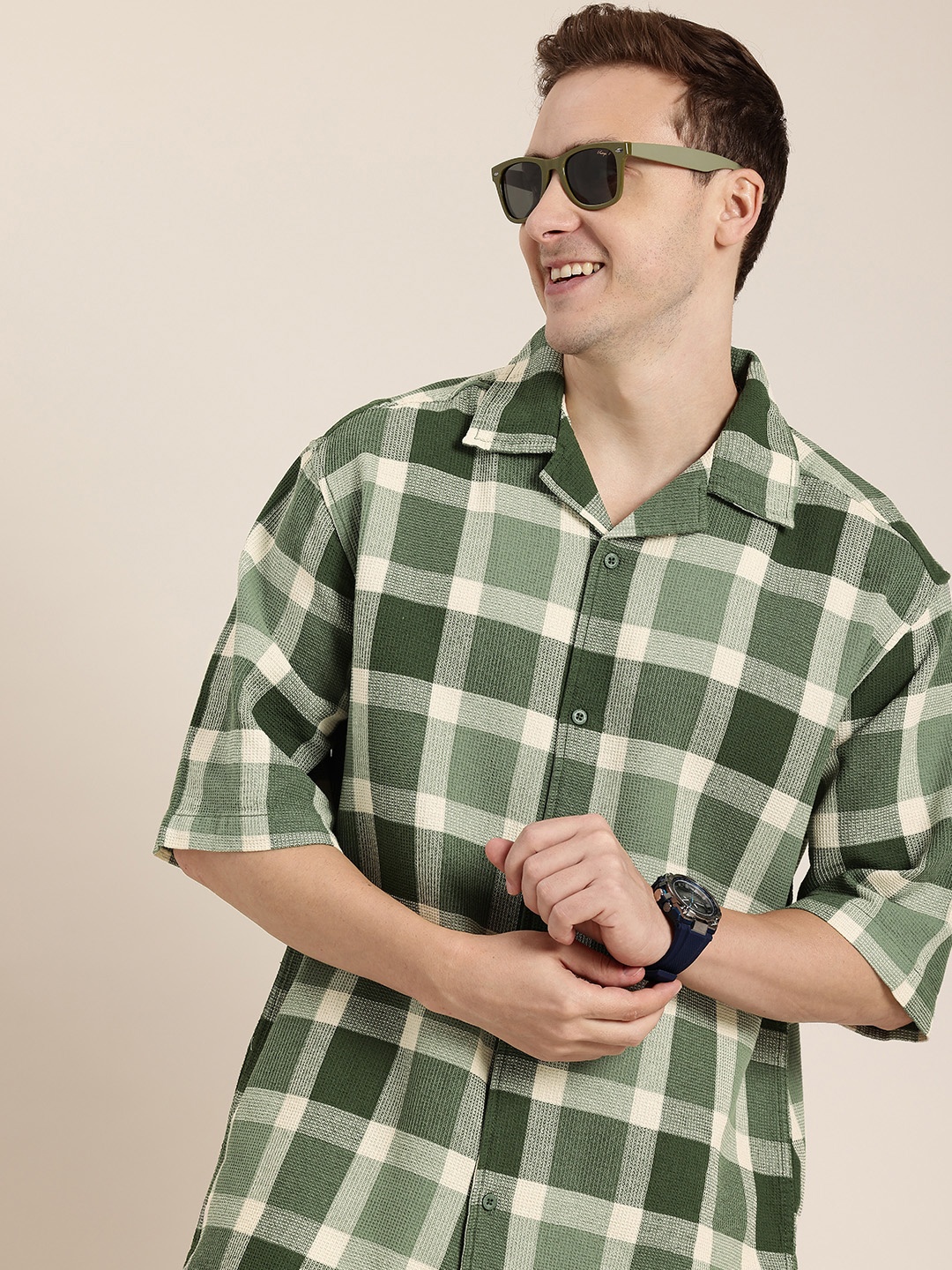 

HERE&NOW Pure Cotton Relaxed Fit Opaque Checked Casual Shirt, Olive